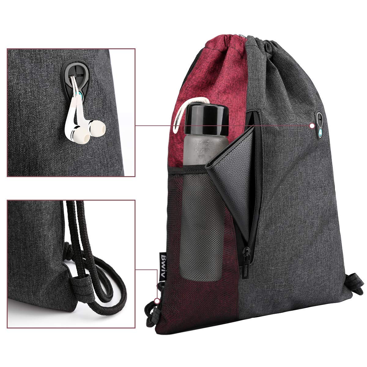 LIVACASA Sacca Sportiva Palestra Coulisse Tasche con Cerniera Sacca Sportivo da Viaggio Idrorepellenza Borsa a Sacco Leggero per Uomo Donna Borsa Coulisse con Buco delle Cuffie