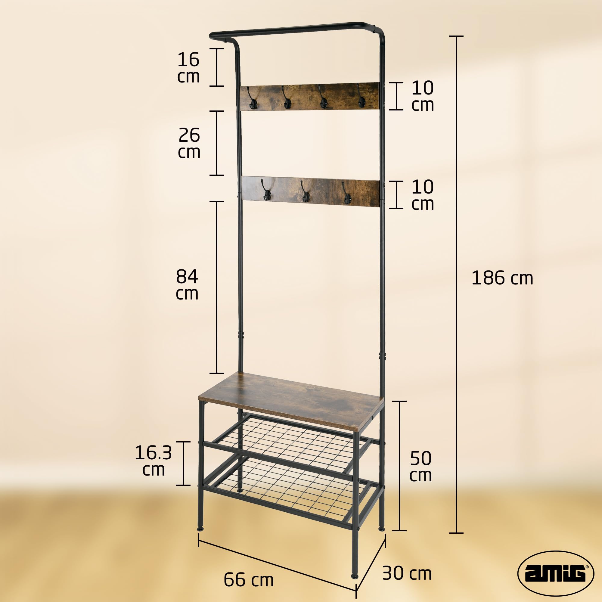Amig - Perchero de pie con Zapatero Lukïen - Mueble recibidor con banco de Estilo Industrial - 183x66x32,5 cm - Metal y Madera - Color negro y marrón - Burro para pasillo o entrada de Estilo rústico