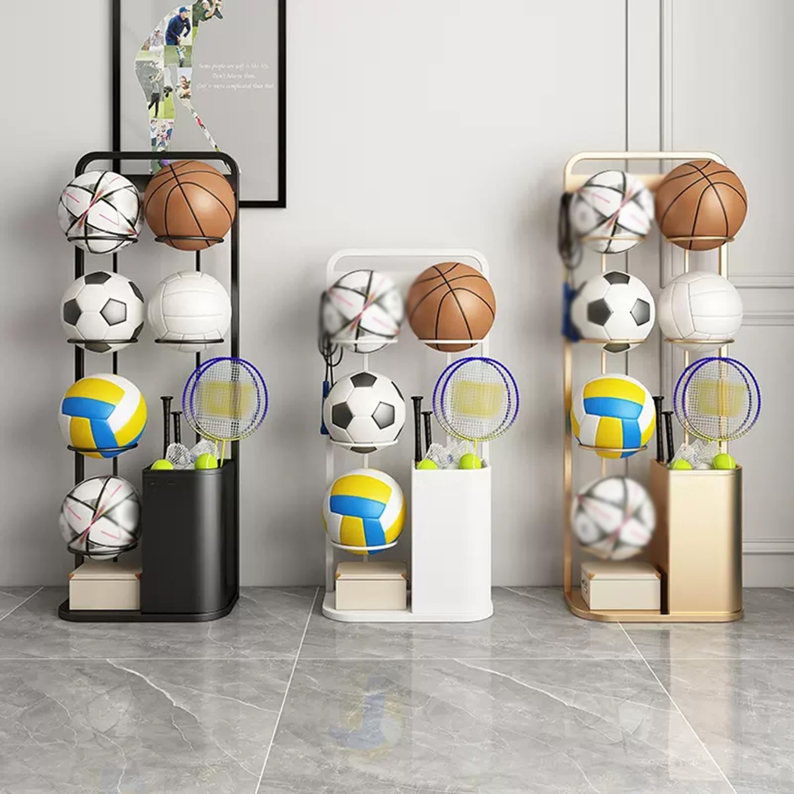 Ball Storage Rack Holds 4/6 Bälle, Portable Vertical Ball Rack Sport Ball Storage Rack, Basketball Fußball Volleyball Display Stand für Schlafzimmer Wohnzimmer Garage