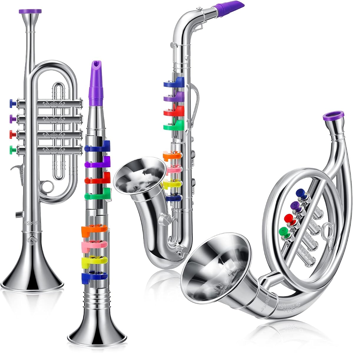 Set of 4 Musical Instruments for Kids, Toy Clarinet Saxophone Trumpet and Horn Set for Beginners with over 10 Color Coded Keys, Christmas Educational Musical Gifts for Children Toddlers(Silver)