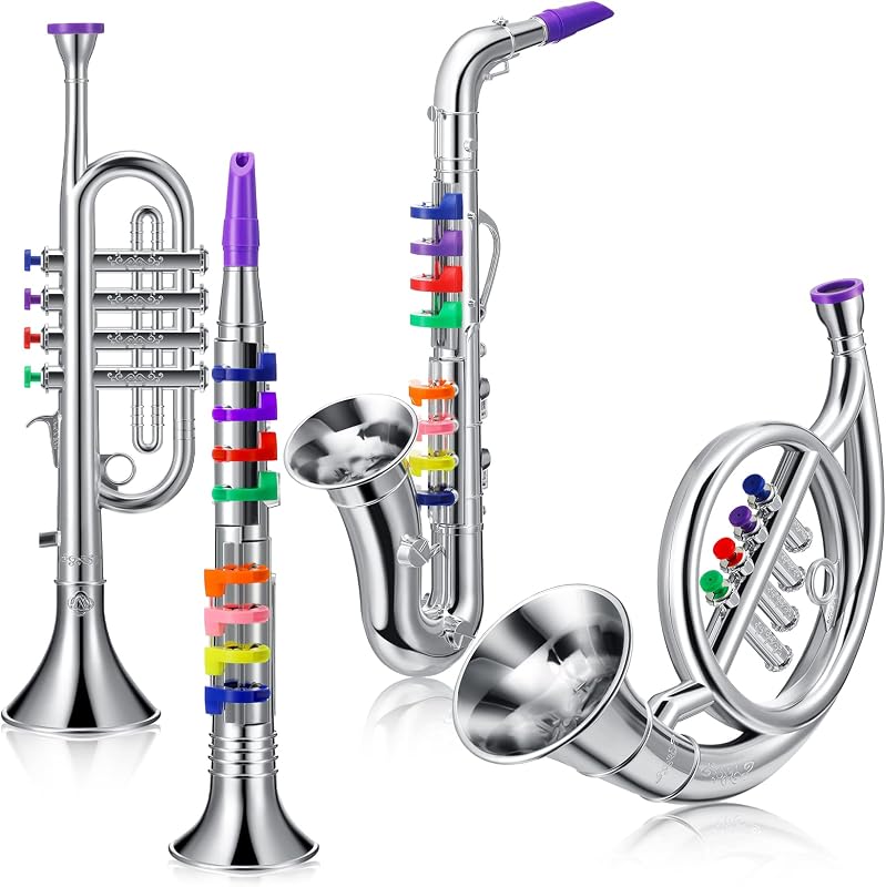 Set of 4 Musical Instruments for Kids, Toy Clarinet Saxophone Trumpet and Horn Set for Beginners with over 10 Color Coded Keys, Christmas Educational Musical Gifts for Children Toddlers(Silver)