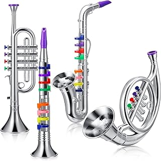Treela Set of 4 Musical Instruments Toy Clarinet, Toy Saxophone, Toy Trumpet and Toy Horn for Beginners 4 Wind and Brass Musical Instruments Combo with over 10 Color Keys Coded for Boys Girls (Silver)