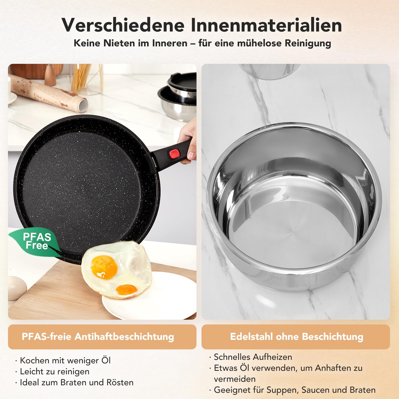 ROSSETTO Topfset Pfannenset Induktion 7-teilige Edelstahl Kochtopf Set mit Abnehmbarer Griff Stapelbar, PFAS-Frei Antihaftbeschichtet Pfanne 20/26cm, Kasserolle 16/20cm, für alle Herdarten, Ofenfest