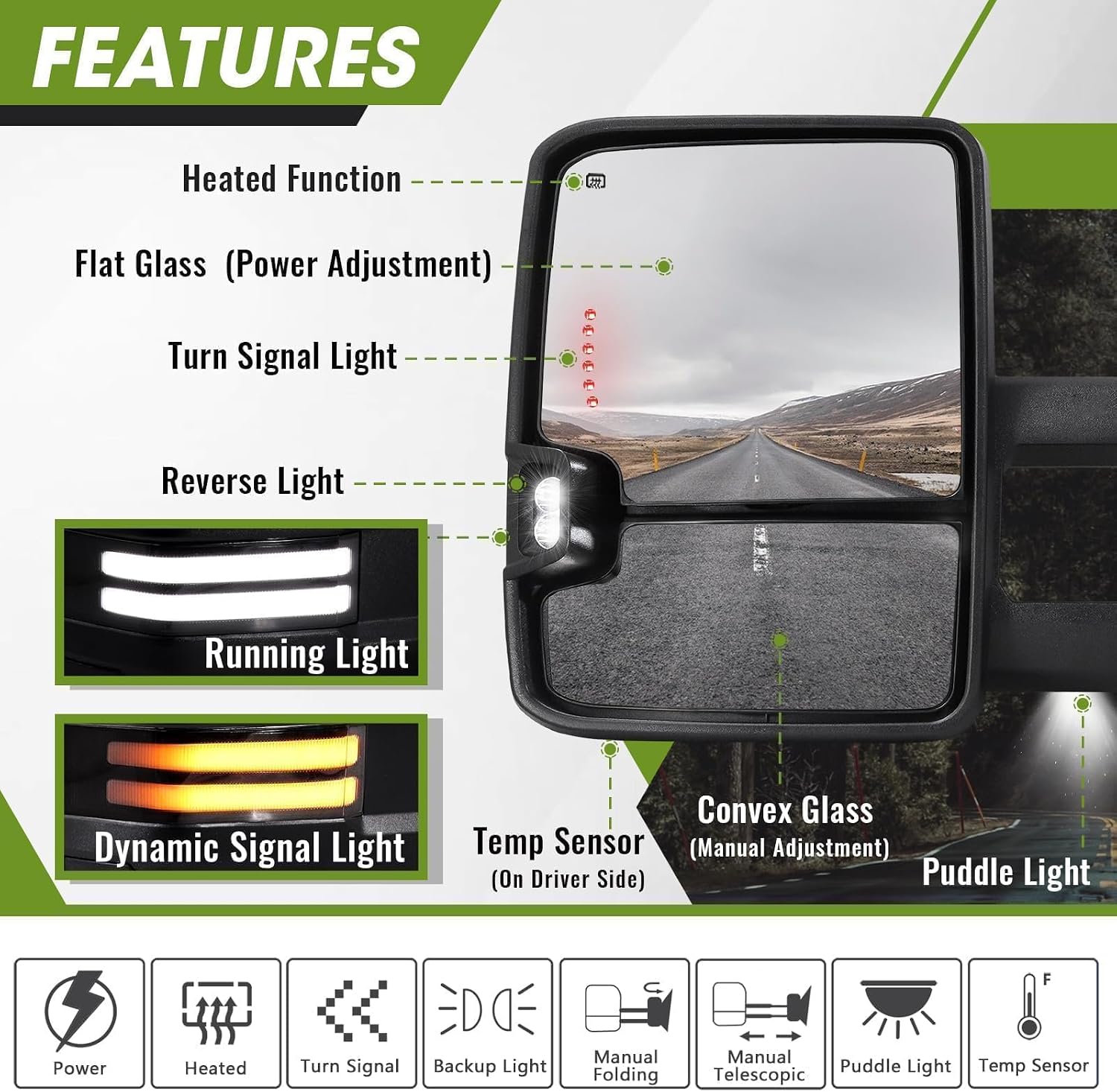 Switchback Towing Mirrors for 2009-2018 Dodge Ram 1500,2010-2018 Ram 2500 3500,1500 Classic 2019-2024 with Sequential Signal/Running/Backup/Puddle Lights Extendable Pair(Chrome)