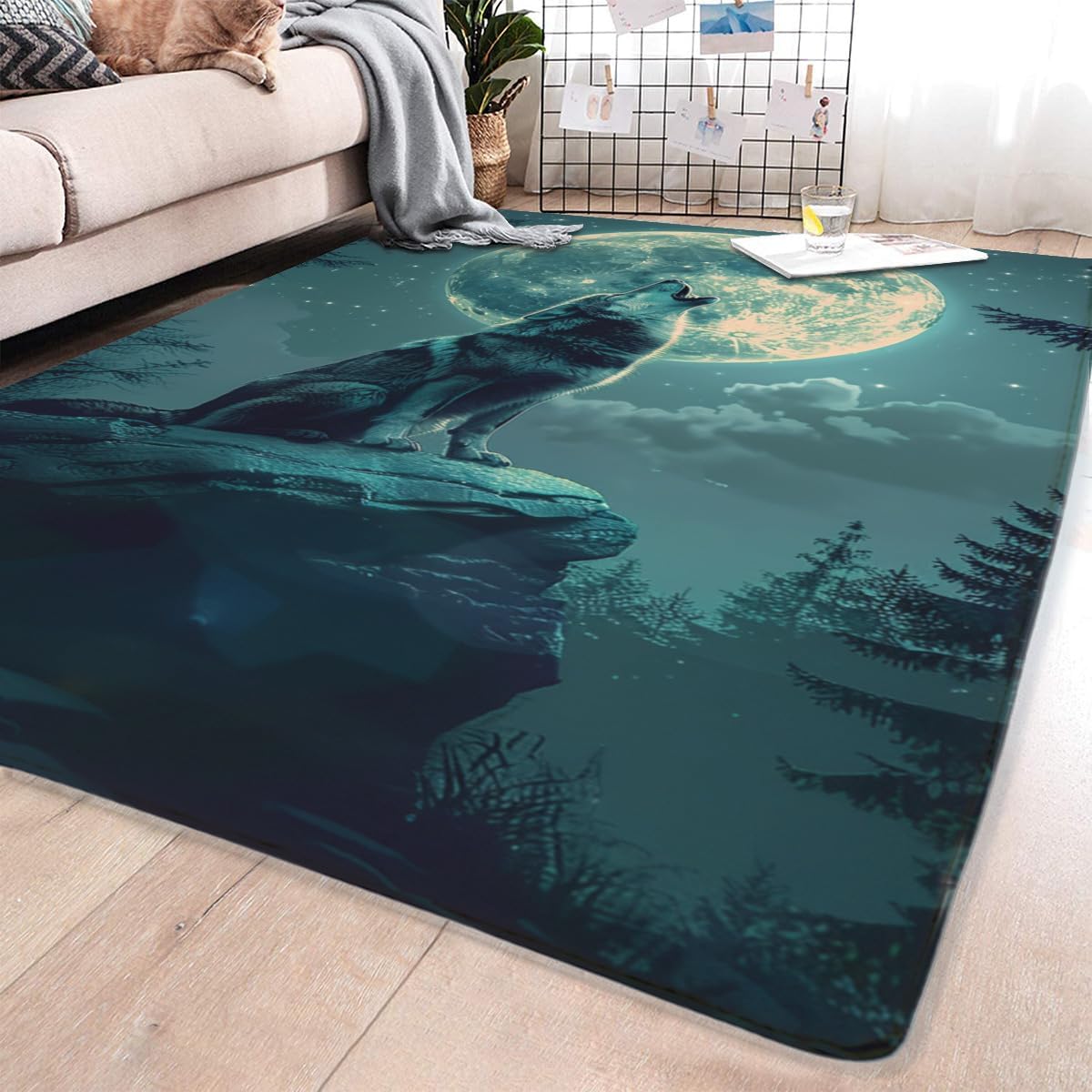 Wolf Theme Rugs for Home use, Super Soft Non-Slip Washable Rugs, Howling Moon Wolf Rugs at Night Wolf Series Rugs, Wolf Rugs can be Used in Living Room Bedroom boy Gifts 24x36inch