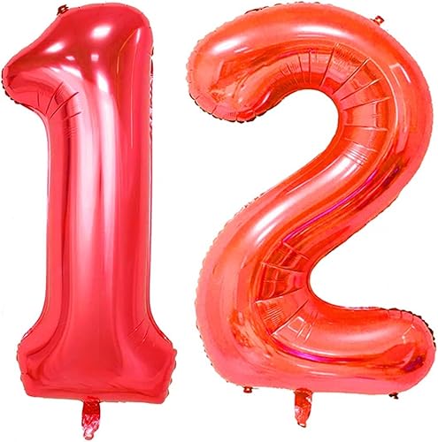 Globos digitales gigantes de helio de 40 pulgadas, 12 globos de aluminio rojo, decoración de cumpleaños 12 para niñas o niños, suministros de fiesta