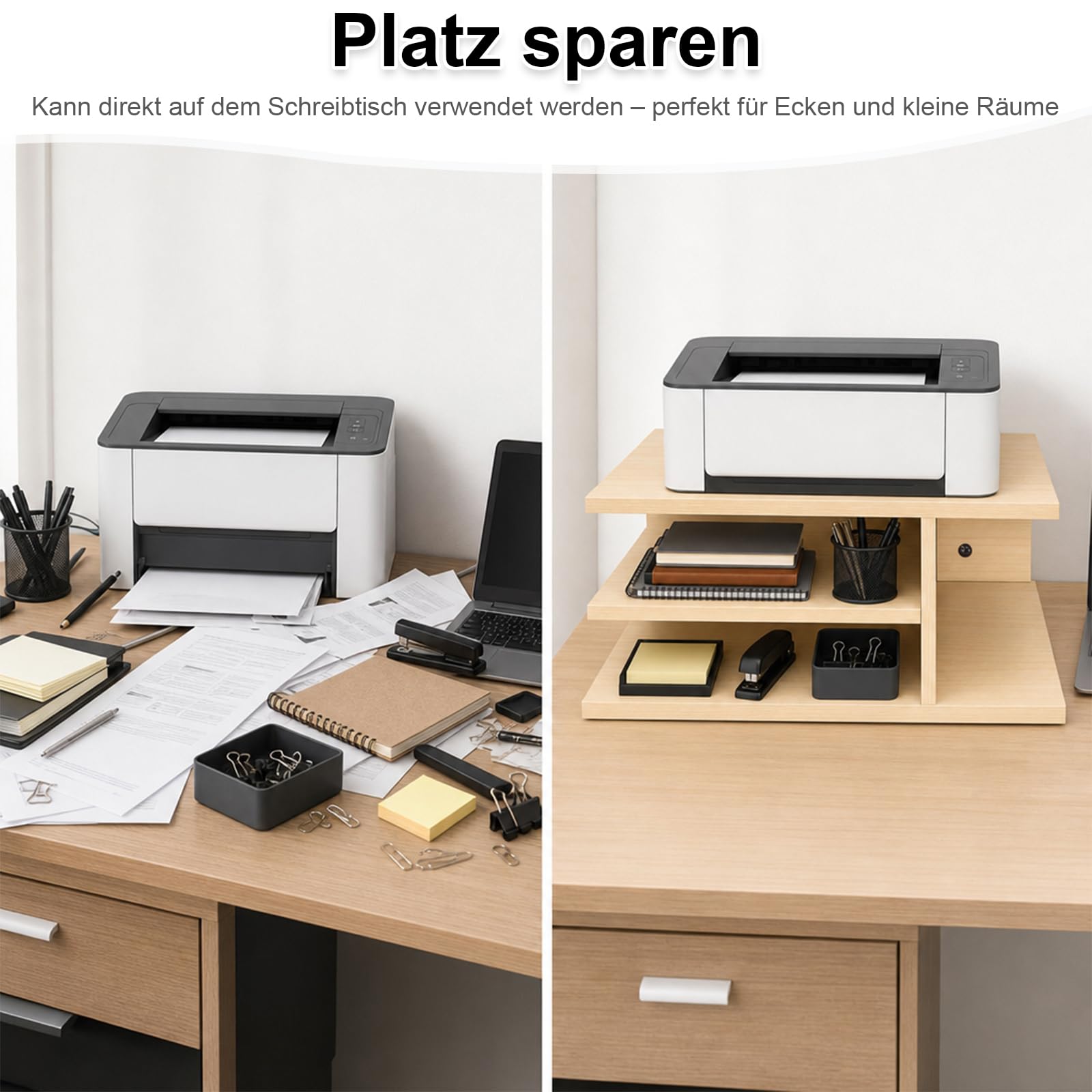 Supporto per stampante da scrivania, organizer a 3 scomparti per stampanti e forniture per ufficio, salvaspazio e stabile, per home office e piccoli spazi, 40 x 30 x 17 cm, effetto legno