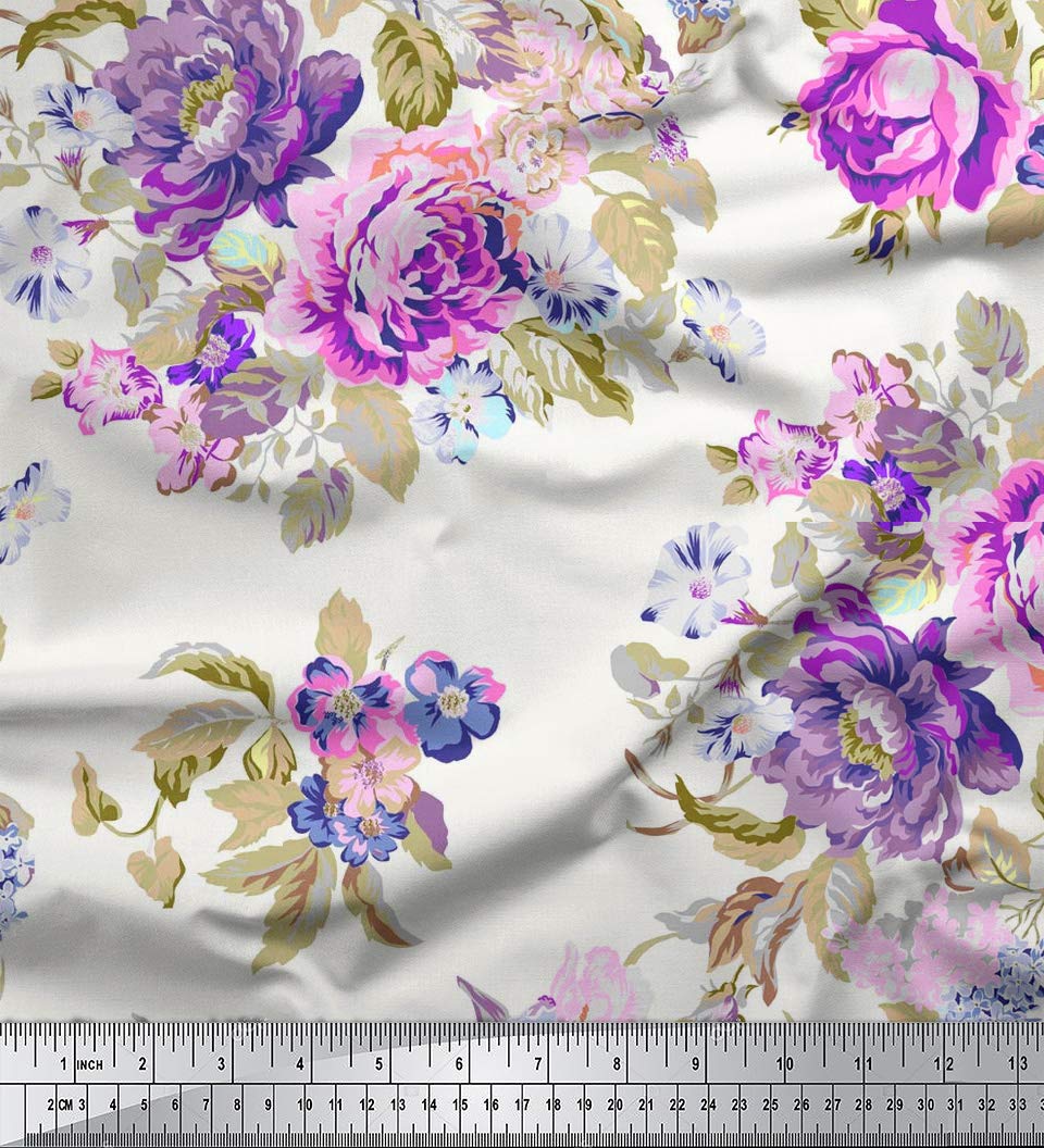 Soimoi Craft Pure Silk Fabric 44 Inches Wide Floral Printed 20 GSM Material by The Yard - Purple