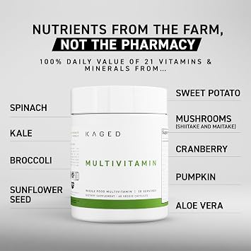 Kaged Multivitamin Capsules | Unflavored | Whole Foods Organic Fruits & Veggies | Plant Based Vegan Multivitamin | Vitamin C, D, E, B12 | Supplements for Men & Women | 30 Servings