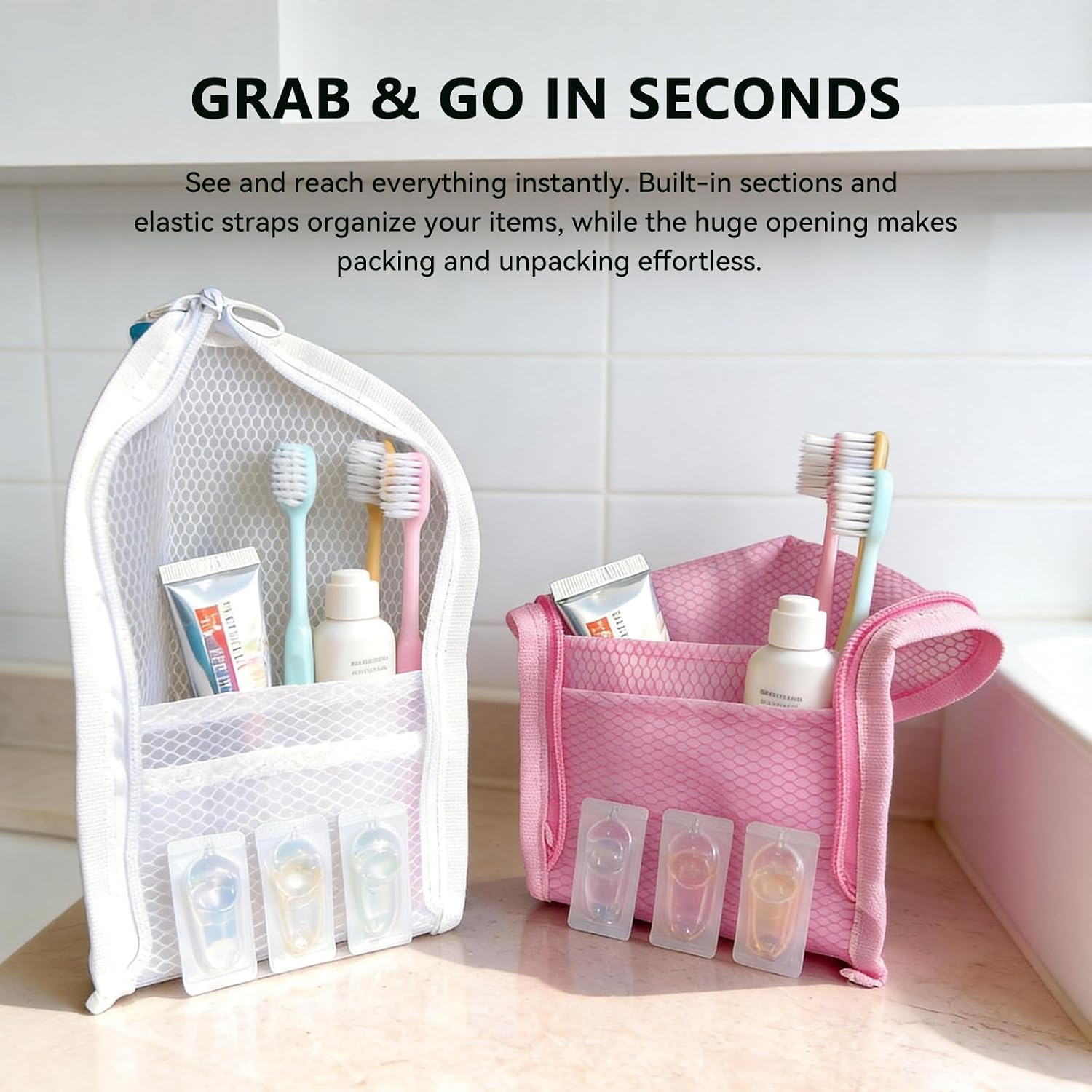 Standing Toiletry Bag, Portable Lightweight Travel Toiletry Bag, Waterproof EVA Mesh Travel Makeup Bag, Hanging Cosmetic Organizer for Bathroom, Travel (Black+White)