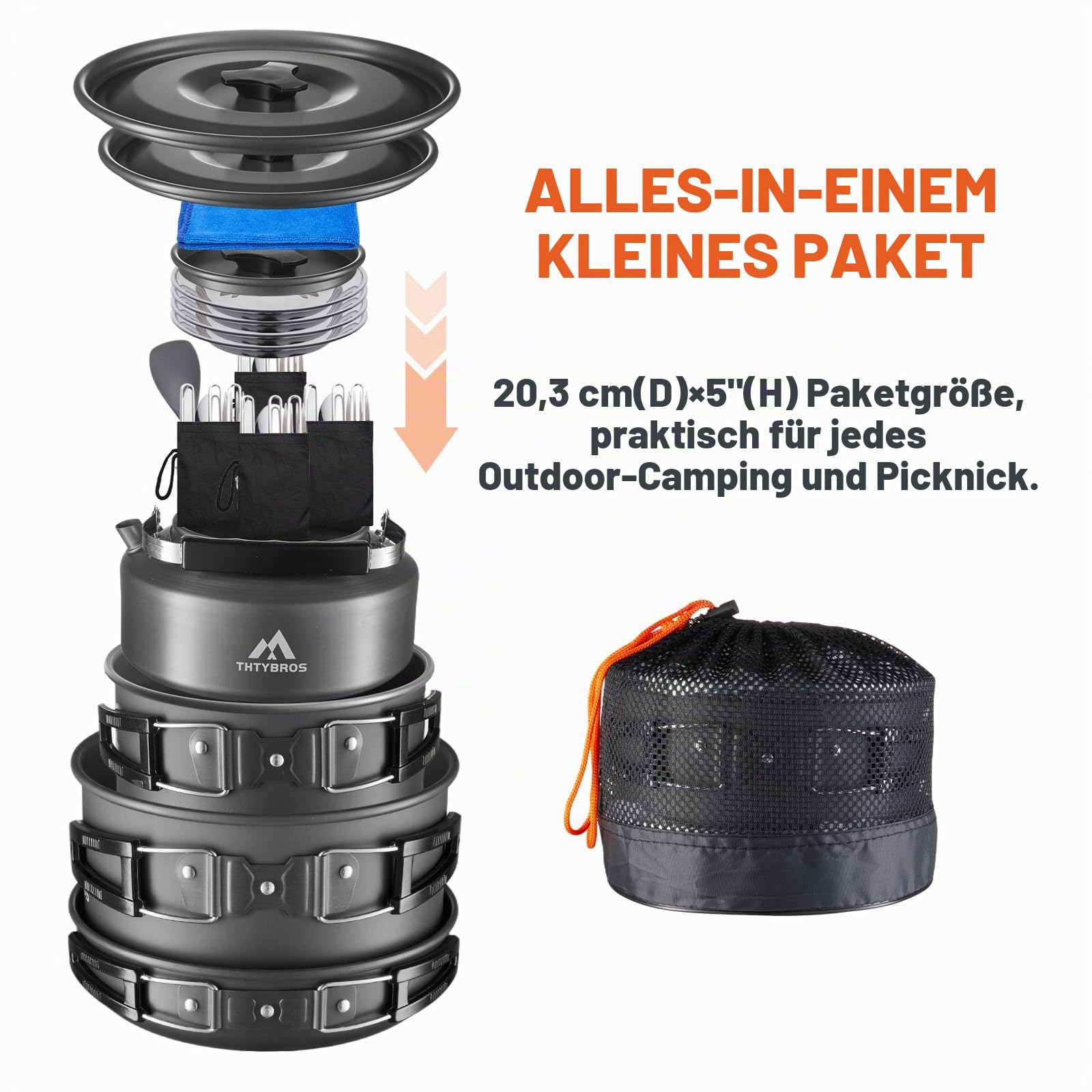27-teiliges Camping-Kochset für 2-4 Personen, Praktisches Outdoor-Kochgeschirr mit Kessel, Töpfen & Pfannen, Edelstahlbesteck, Tellern und Zubehör für Wanderungen, Camping, Picknick