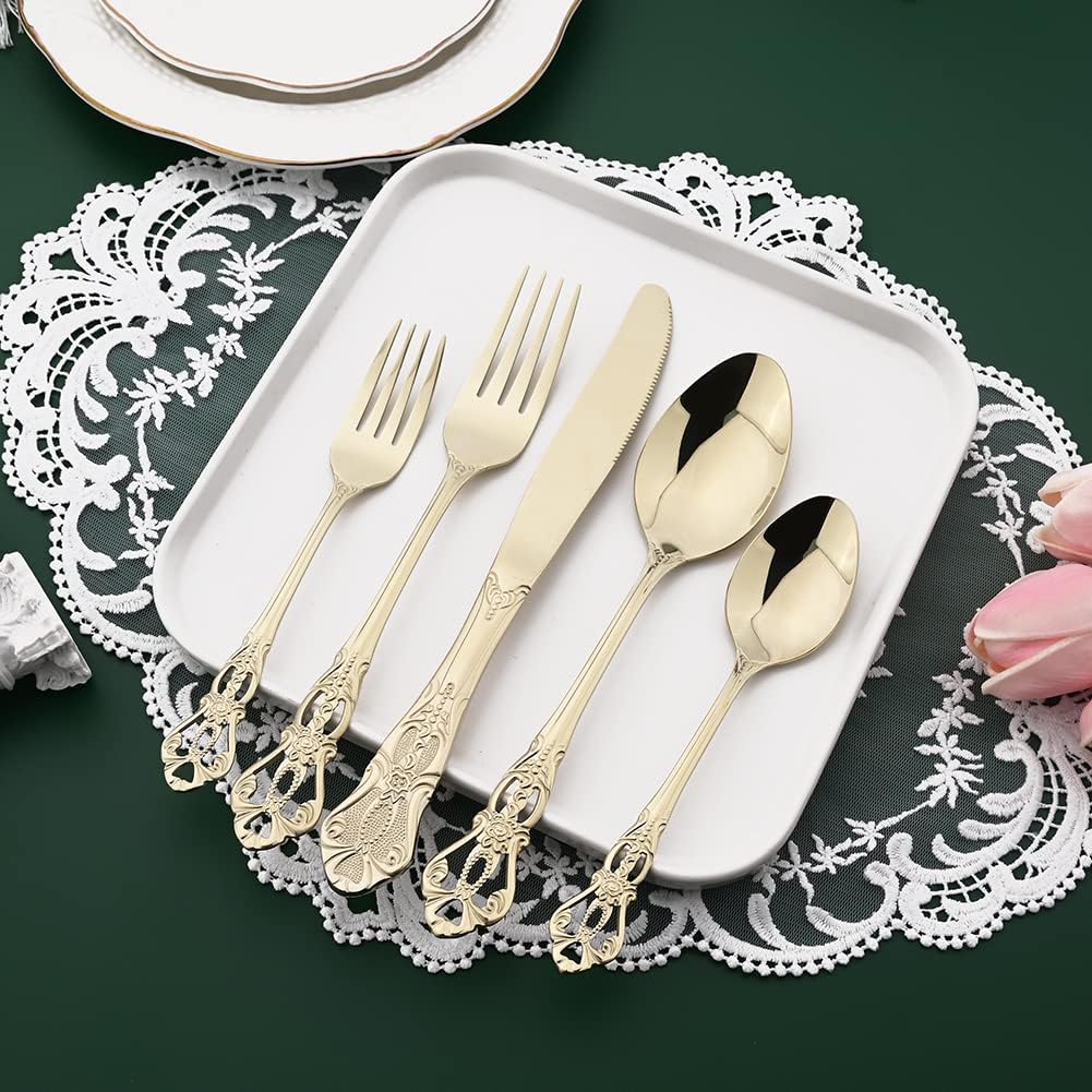 Champagne Gold Flatware Set For 4, 20 Pieces 18/0 Stainless Steel Silverware Set, Cutlery Utensils Set Include Knives/Forks/Spoons, Antique Baroque Style & Luxury Mirror Polished