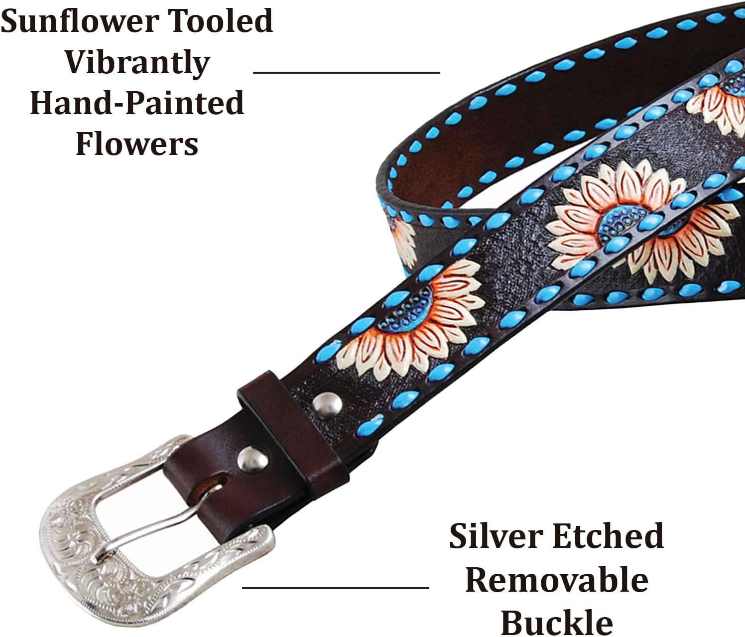 Circle Y Women's Sunflower Buckstitch Belt (2005-BT) | Durable Chocolate Leather Equestrian Accessory with Removable Buckle