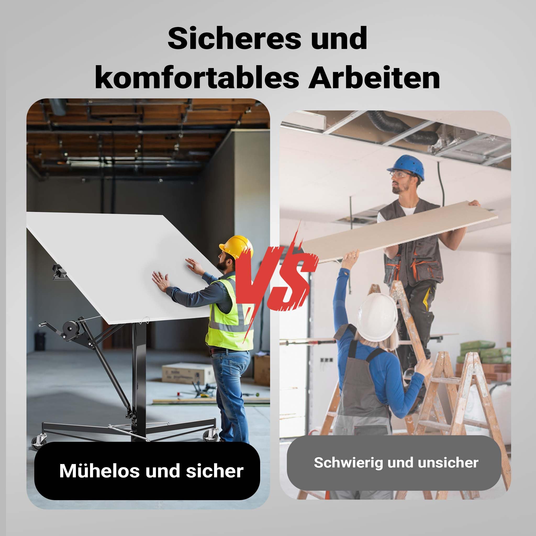 Wiltec SET XXL Plattenheber bis max. 68 kg + 140 cm Verlängerung, Höhe 140-465 cm, max. Breite 2,90 m, Montagehilfe für Trockenbau, Paneelheber mit 3 Rädern, schwarz
