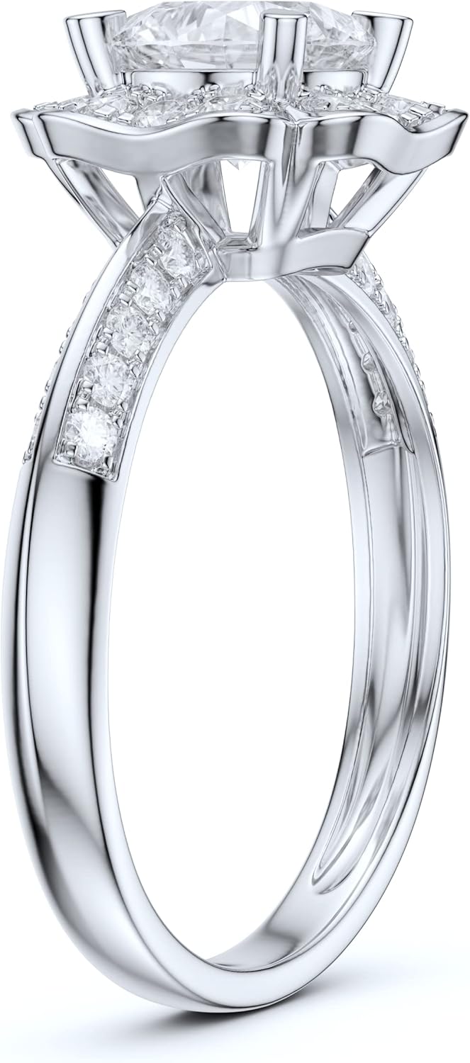 Real 14k White Gold Romantic Flower Like Clovers Halo 4-Prong Set 1.0 CT Simulated Diamond or Moissanite Engagement Ring
