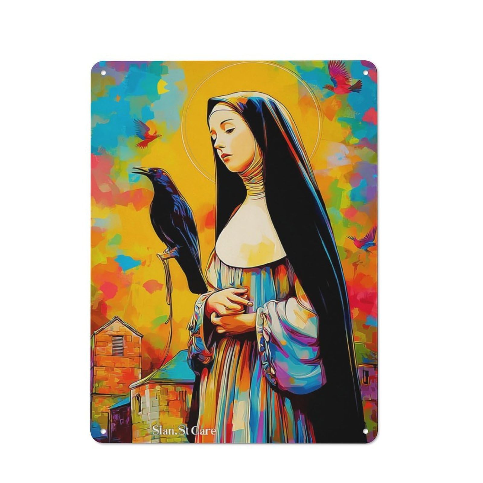 Junmoney Saintly Serenity A Colorful Portrait Retro Metal Wall Sign 40X30cm For Hobby Room Or Studio, For Garage, Workshop And Man Cave Decoration