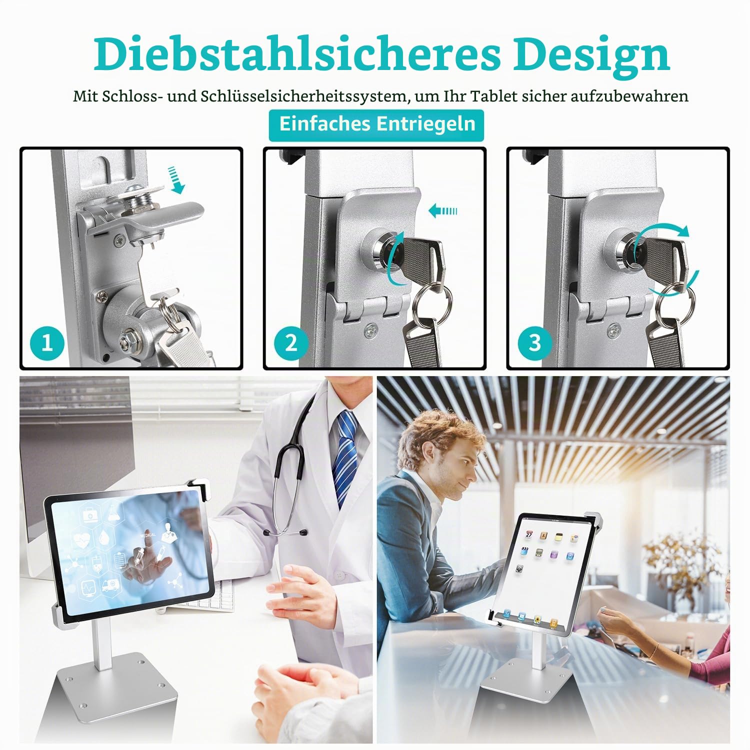 Desktop Tablet Halterung mit Anti Diebstahl Schloss und Schlüssel | Heavy Duty Aluminium Tablet Halter für Kiosk Commercial für iPad Pro Air Mini, Galaxy Tabs, Surface, mehr 7-11" Tablets