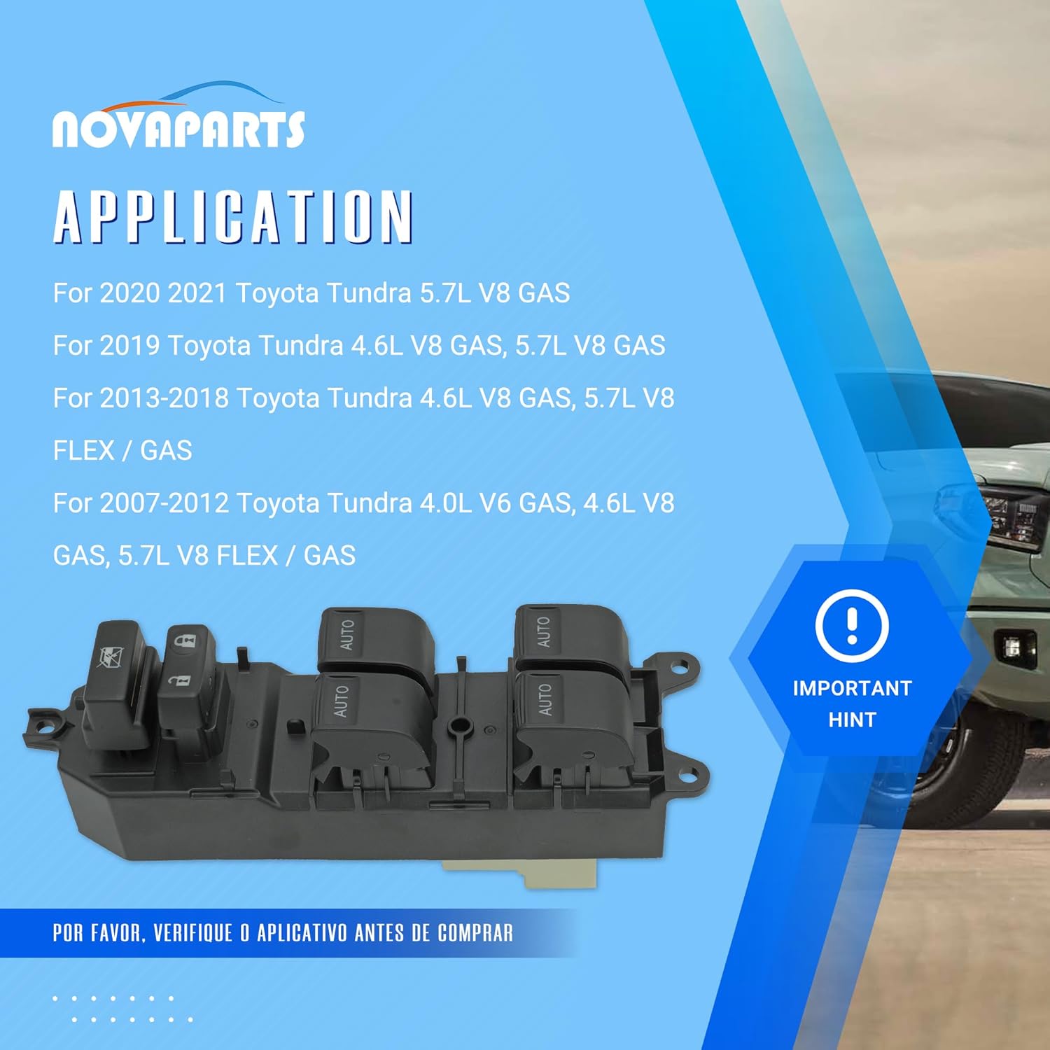 Front Left Driver Side Blue LED Lighted Power Window Switch Auto Down Up for 2007-2021 Toyota Tundra Master Window Switches #848200R040 84820-0R040 84820-0C030