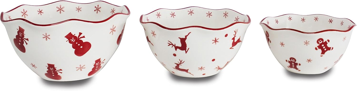 Euro Ceramica Winterfest Christmas 3-Piece Stacking Serving Bowls Set, Snow Flake, Dishwasher Safe