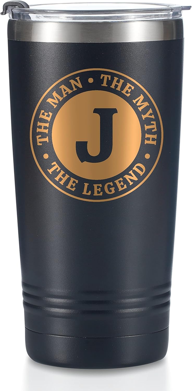 the Man the Myth the Legend Mug with Initials, Monogrammed Stainless Steel Travel Tumbler for Men, Funny Personalized Coffee Cup, Custom Beer Glass, Unique Birthday Christmas Gifts for Him, 20 oz, J