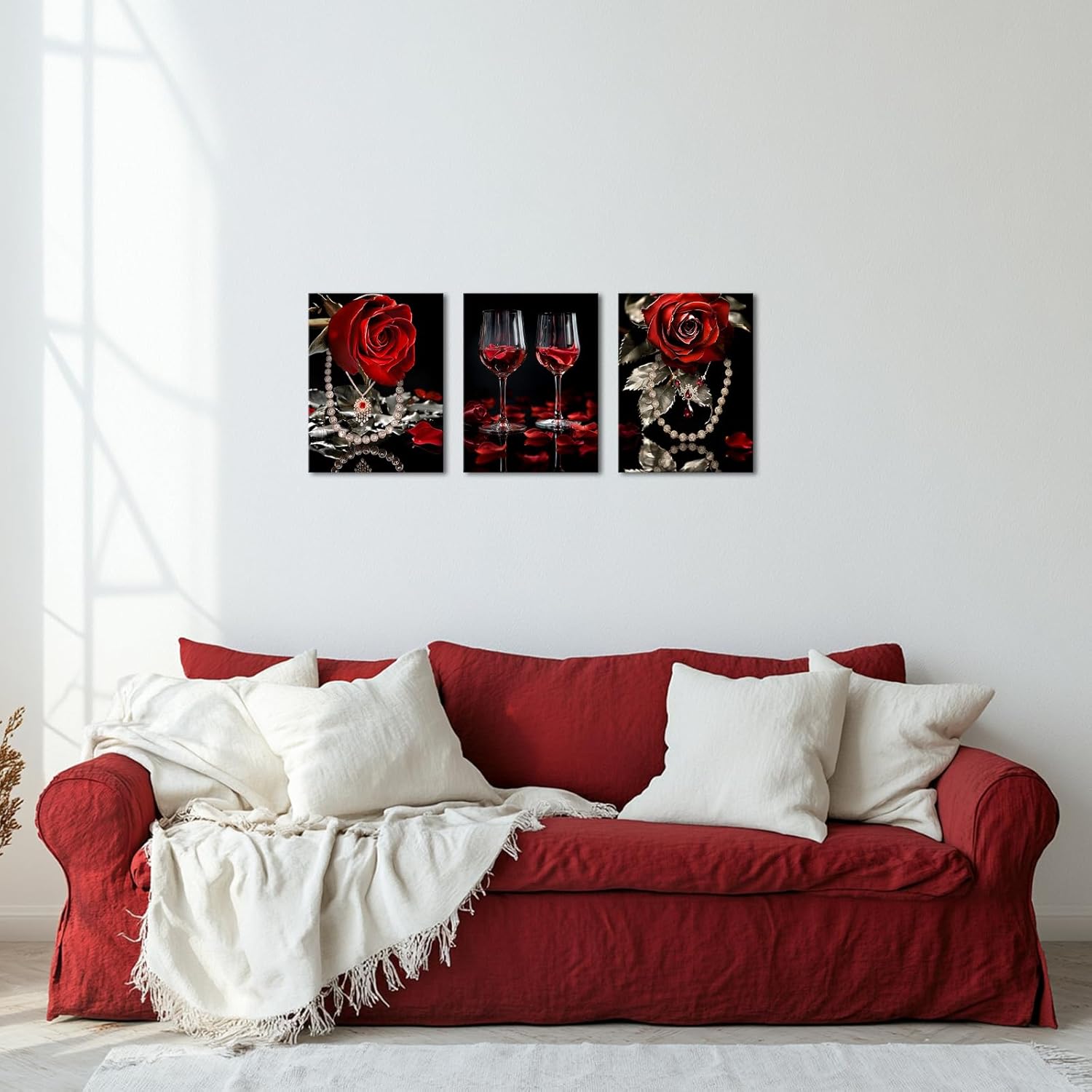PoGoXiPoYo 3 Pieces Rose Flower Wall Art Canvas Prints Wine Glass and Floral Jewelry Fashion Aesthetic Pictures Modern Red Artwork Wall Decor for Bathroom Kitchen Dining Room 12"x16"x3