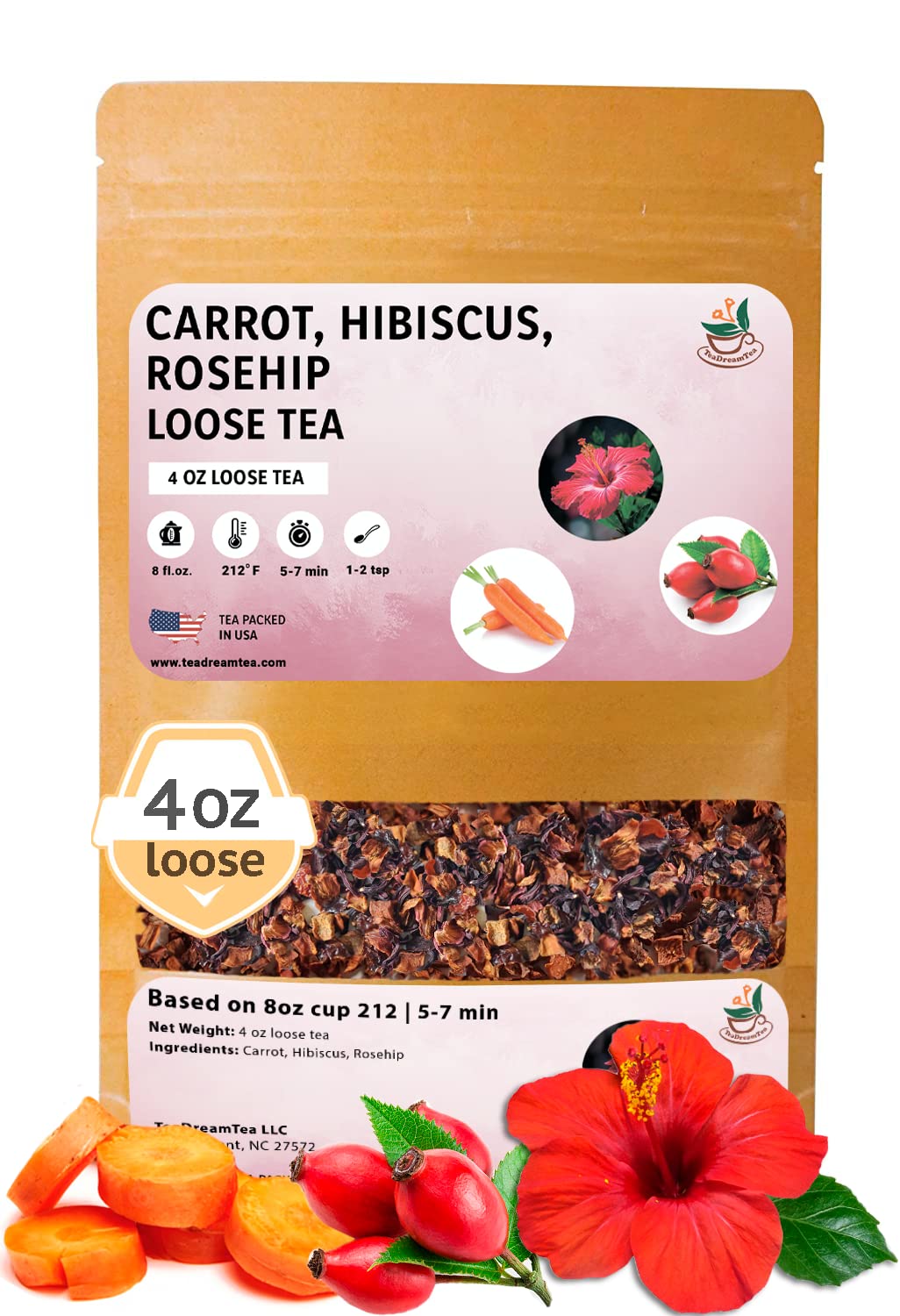 TeaDreamTea – Carrot Hibiscus Rosehip - Loose Leaf Herbal Bulk Tea - Caffeine-Free - Vitamins Rich - Boost Immune System - Carrot Raw from USA - Hot and Iced Tea - 4 ounce / 113 g