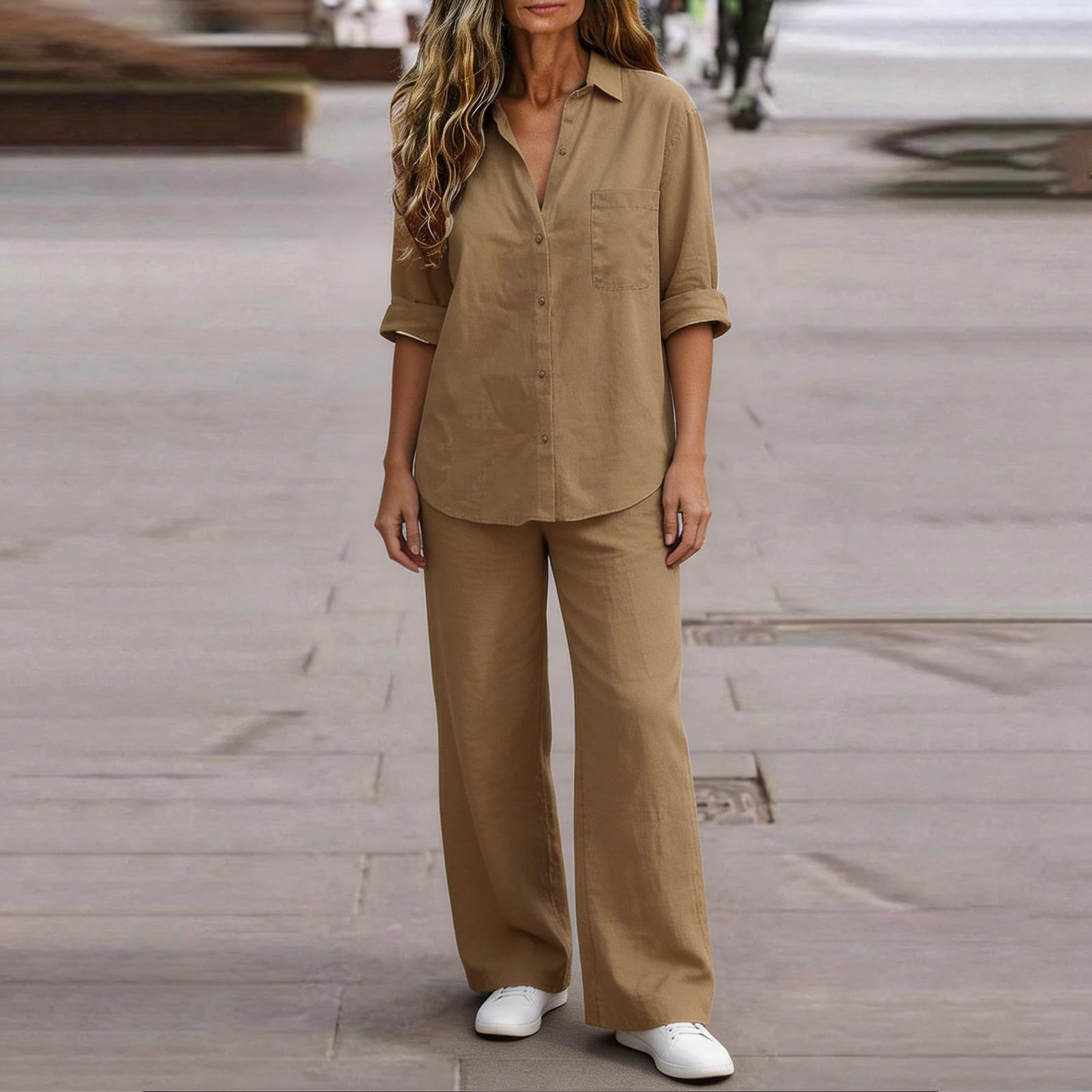 Completo Estivo Donna a Maniche Corte/Lunghe in Due Pezzi Lino Cotone Tops e Pantaloni Tuta Estiva Curvy Casual da Spiaggia Tute da Ginnastica da Donna Regalo di Compleanno/Anniversario