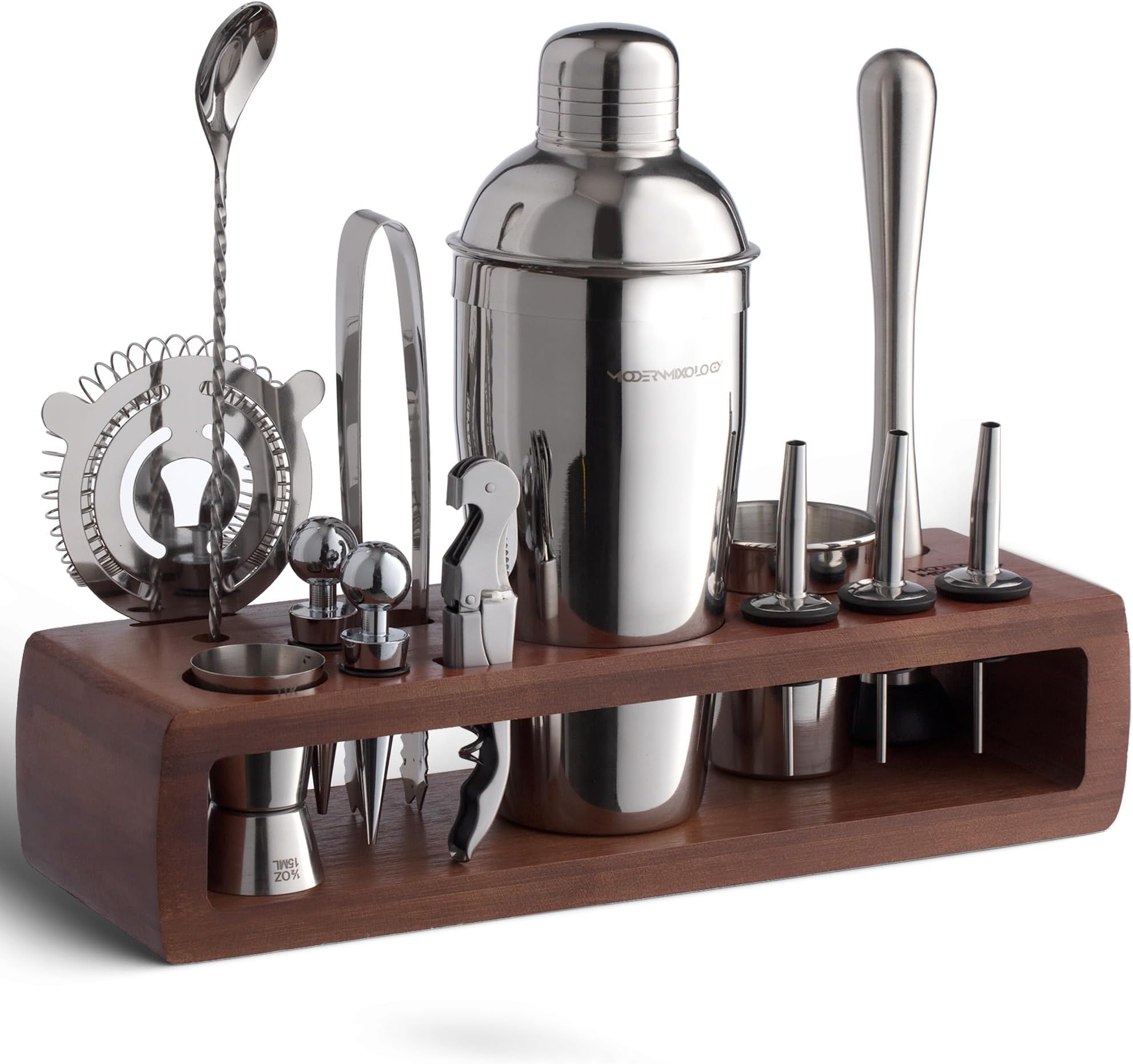 Modern Mixology 21-Piece Cocktail Shaker Set with Stand, Bartender Kit for Home Bar Accessories: 24oz Martini Shaker, Jigger, Strainer, Bar Spoon, Tongs, Opener, Muddler (Silver, Dark Brown Stand)