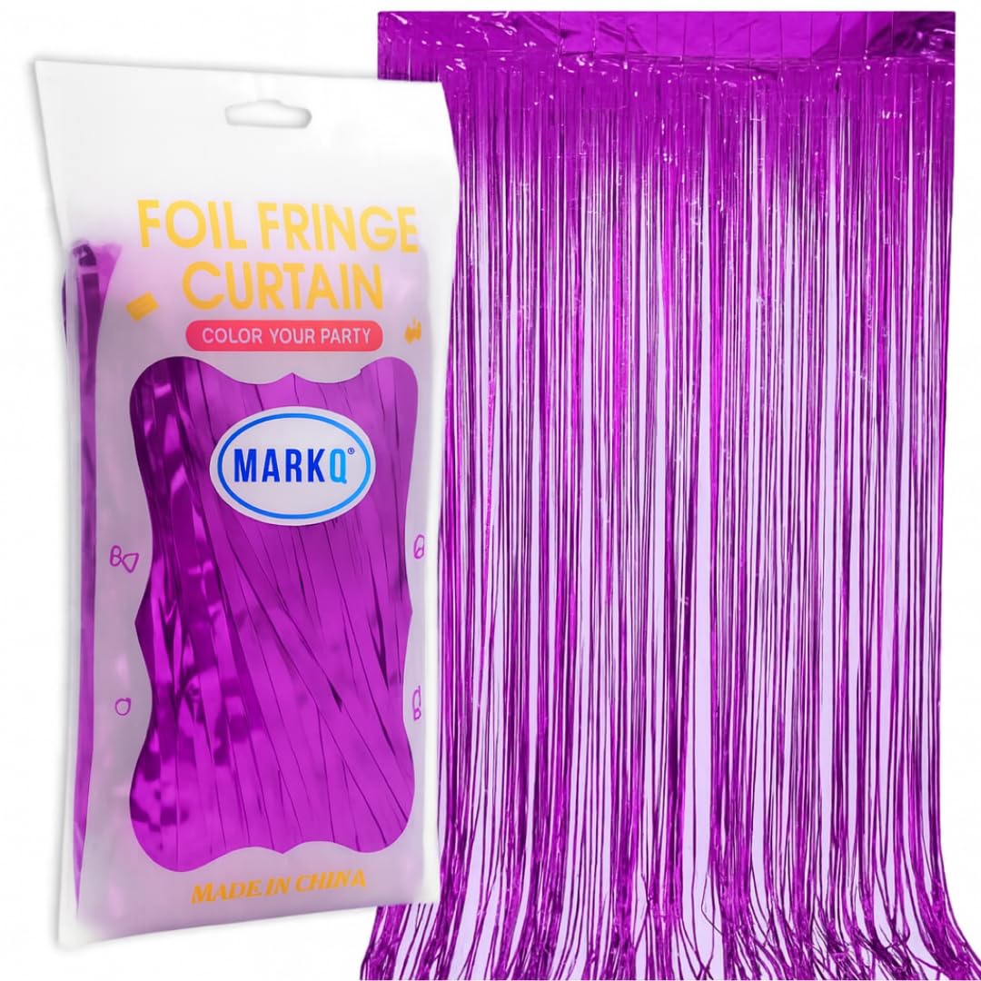 MARKQ Purple Foil Fringe Curtain | 1 x 2-meter Metallic Tinsel Streamers Party Backdrop for Halloween, Baby Shower, Wedding, Eid, Graduation, Birthday Party Decorations [Pack of 1]