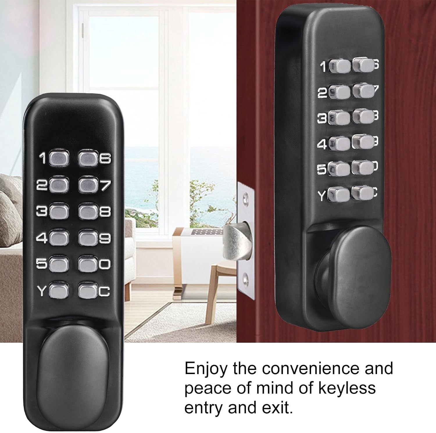 Tefola Mechanical Keyless Door Lock, Push Button Door Lock Keypad 1-11 Smart Lock for Outdoor Gate, Patio, Garage, Backyard, Bidirectional Install, Weatherproof Zinc Alloy (Black)