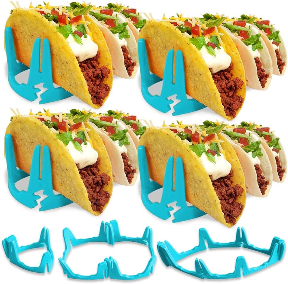 Taco Holders, Configurable and Compact Silicone Stands, Microwave and Dishwasher Safe, 8pc Holds 1 to 12 (Teal)