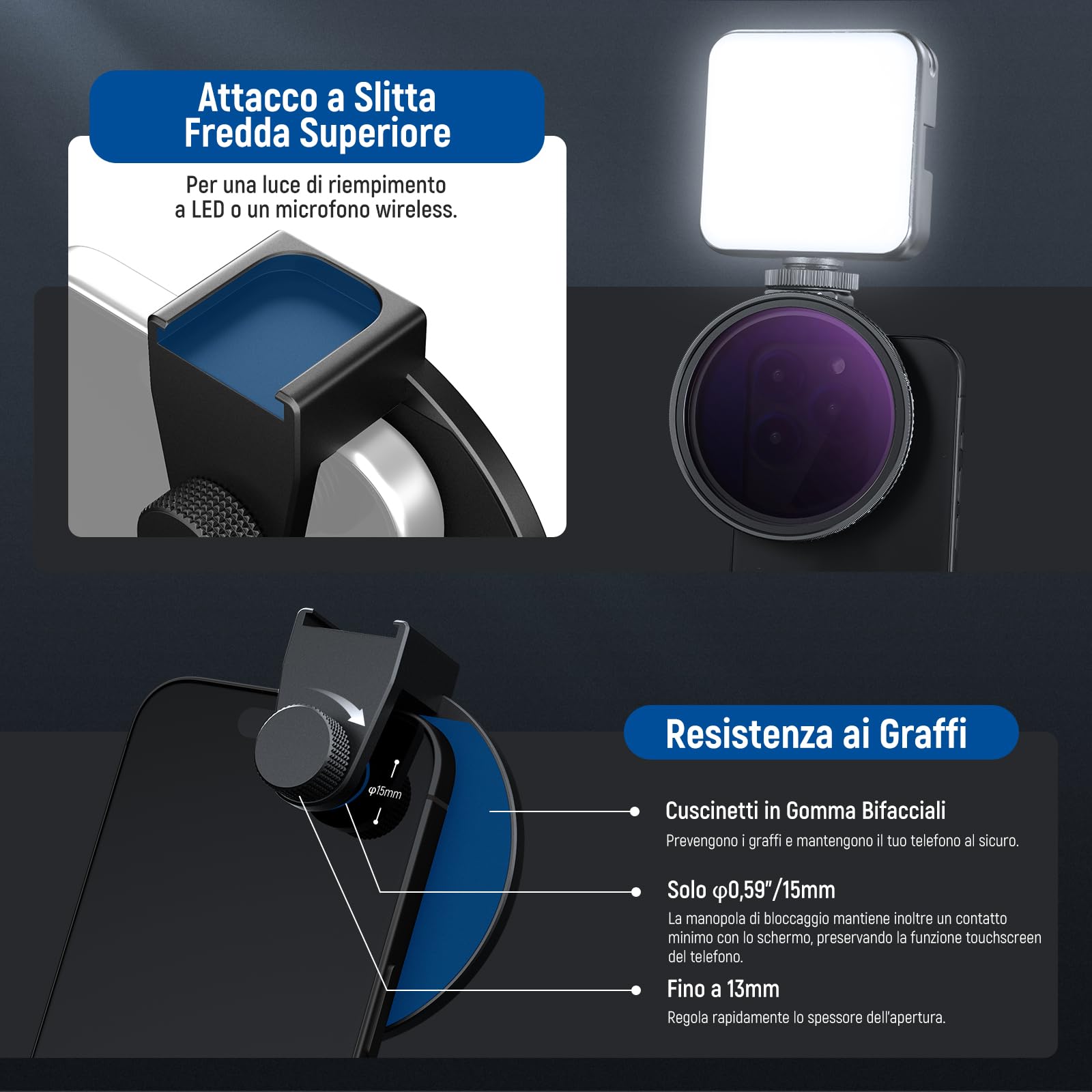 Neewer Kit filtro per obiettivo del telefono ND2-ND32 variabile da 67 mm, clip per telefono con anello adattatore filettato/scarpa fredda/manopola di bloccaggio, filtro ND variabile HD per iPhone 15