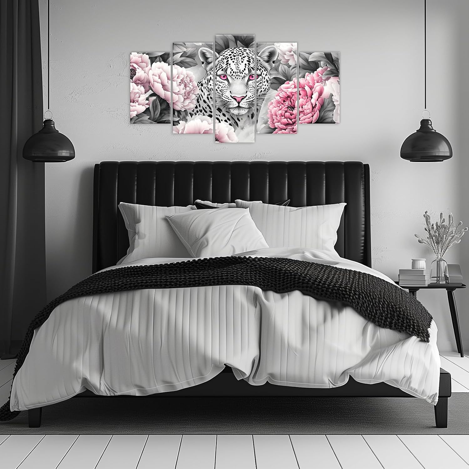 GLOKAKA Leopard Wall Art 5 Panel Black And White Animal Picture Canvas Print Pink Peony Floral Painting Modern Fashion Artwork Living Room Home Decor(Artwork-1,8x14inx2 8x18inx2 8x22inx1)