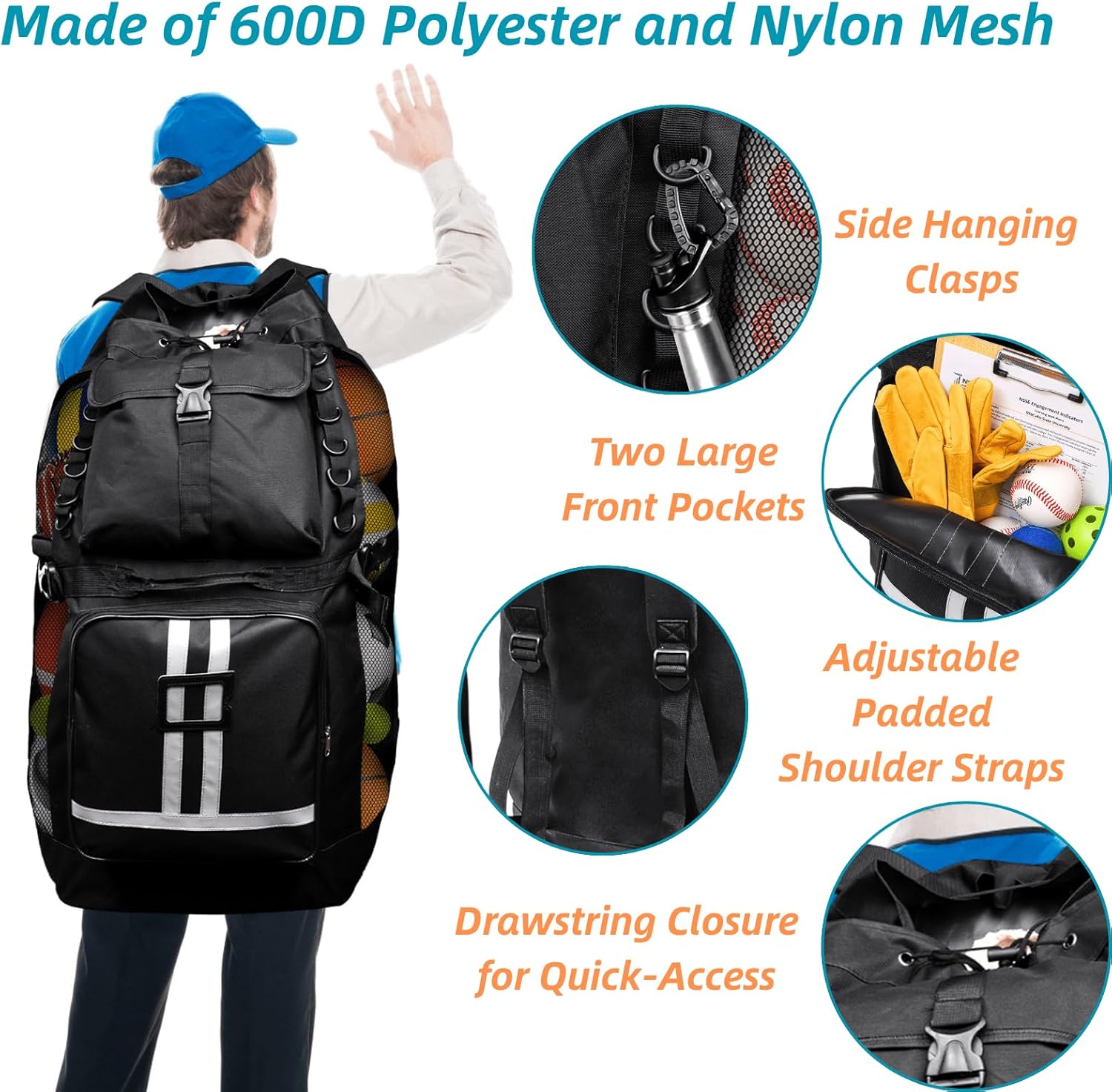 Youeon Soccer Ball Bag with Pockets, Holds 14-16 Balls, Extra Large Sports Equipment Ball Bag with Adjustable Shoulder Straps, Heavy Duty Basketball Football Storage Bag for Coach, Players, Trainers - Image 4