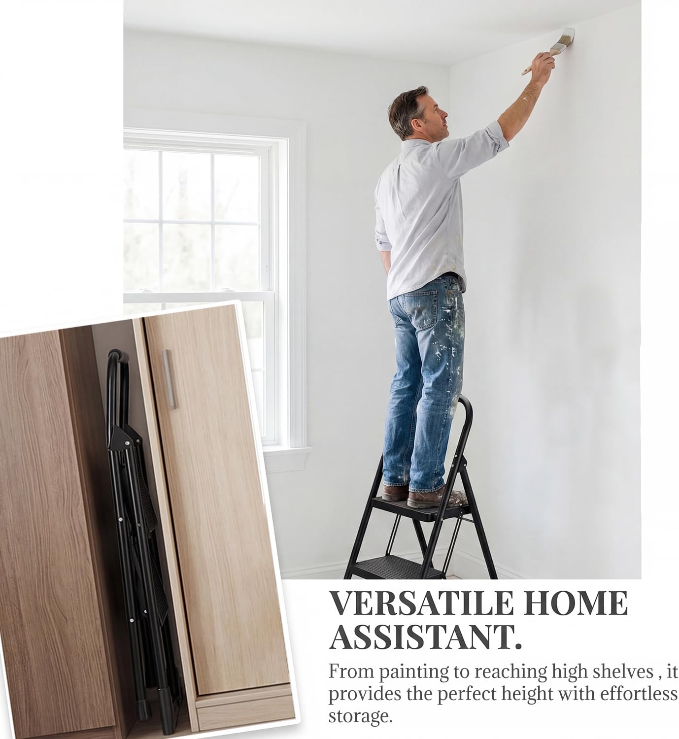 Step Stool for Adults,2 Step Ladder Folding 330lbs Anti Slip Step Stool,Foldable Ergonomic 2 Steel Stool with Wide Pedal for Home, Kitchen, Office (Black)