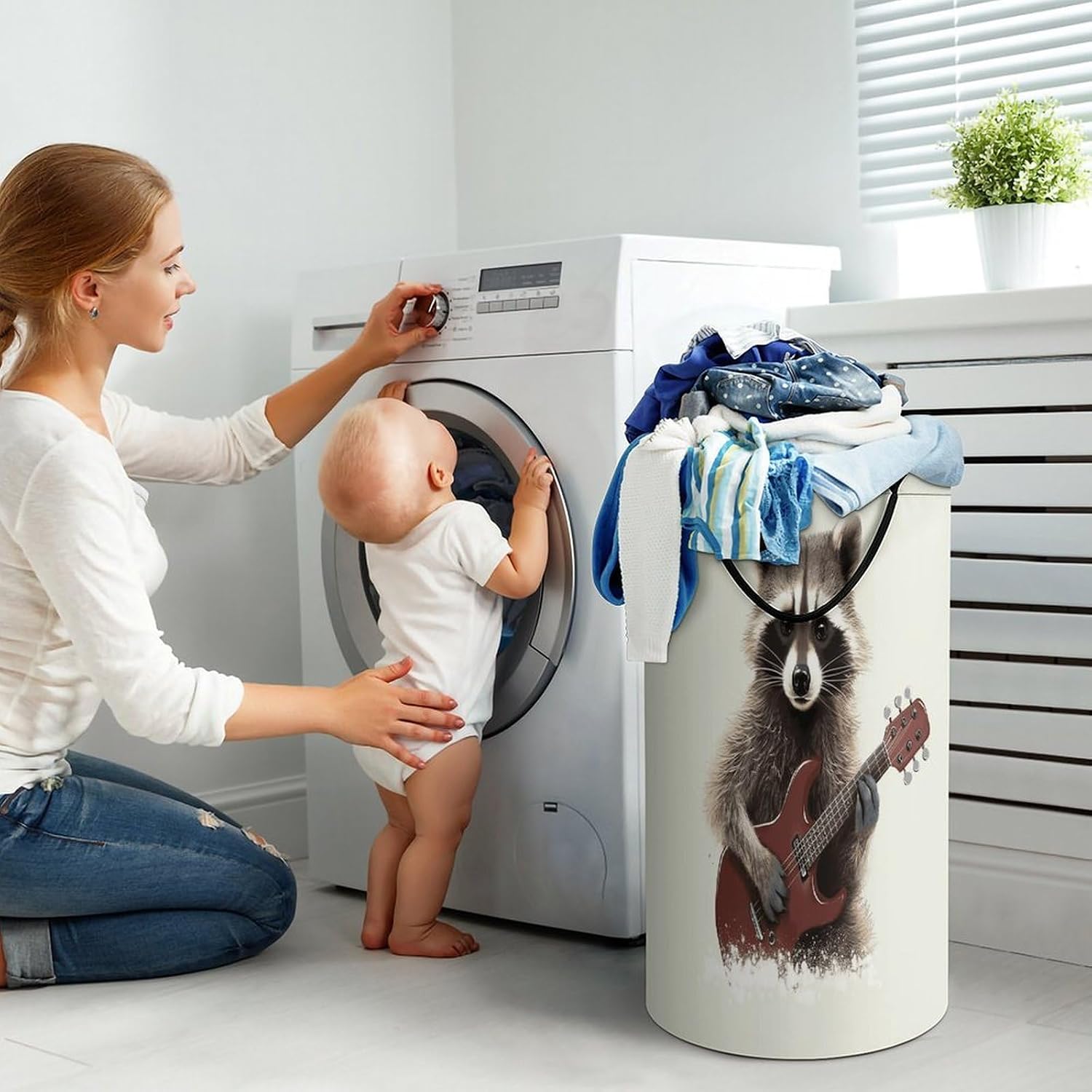 Large Laundry Basket Collapsible Dirty Clothes Basket with Carry Handles Portable Waterproof Freestanding Funny Raccoon Laundry Hamper for Bathroom Bedroom Laundryroom Dorms 86L