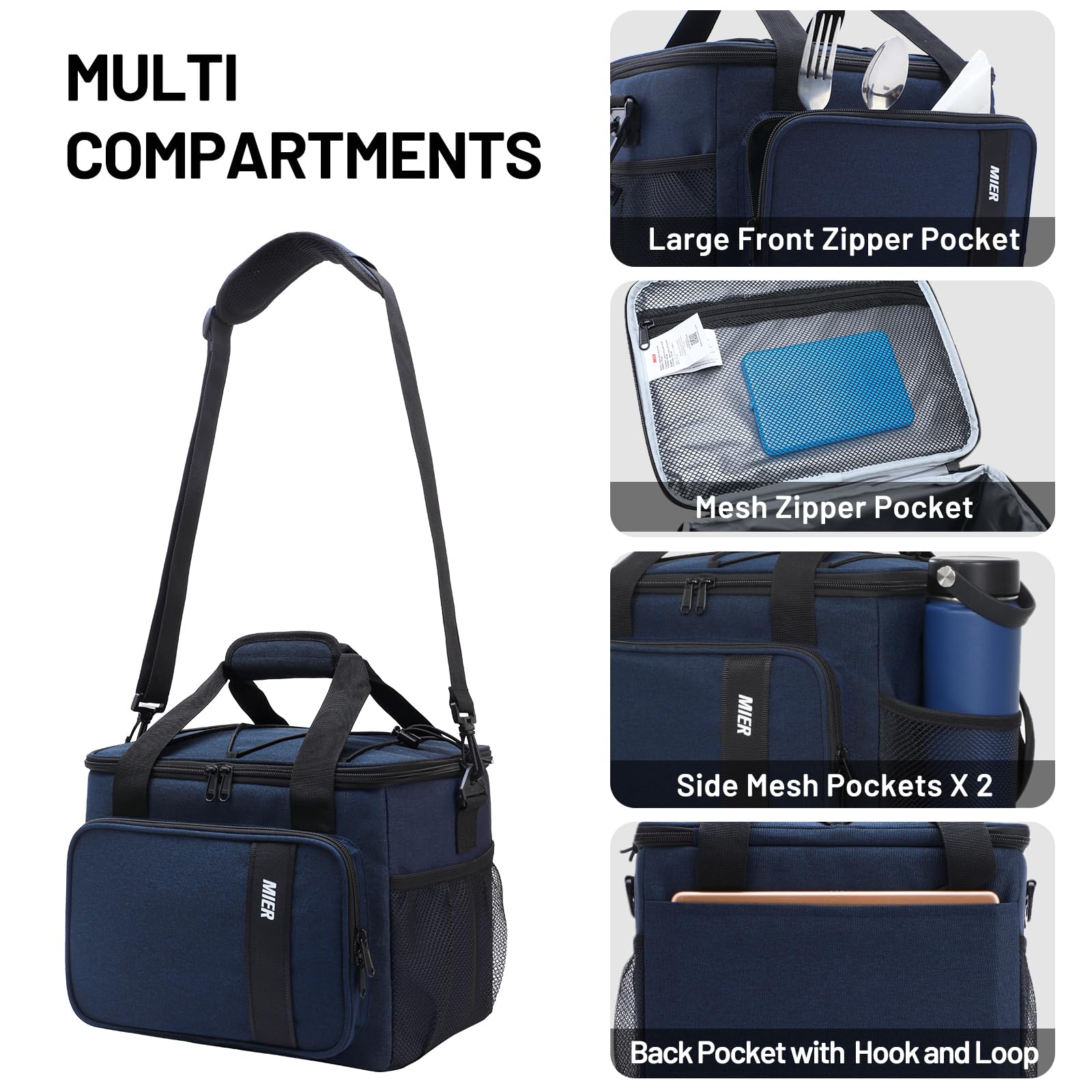 MIER Bolsa térmica aislada para el almuerzo para hombres y mujeres, 24 latas grandes bolsas de almuerzo a prueba de fugas, refrigeradores para el trabajo, viajes, picnic, azul marino