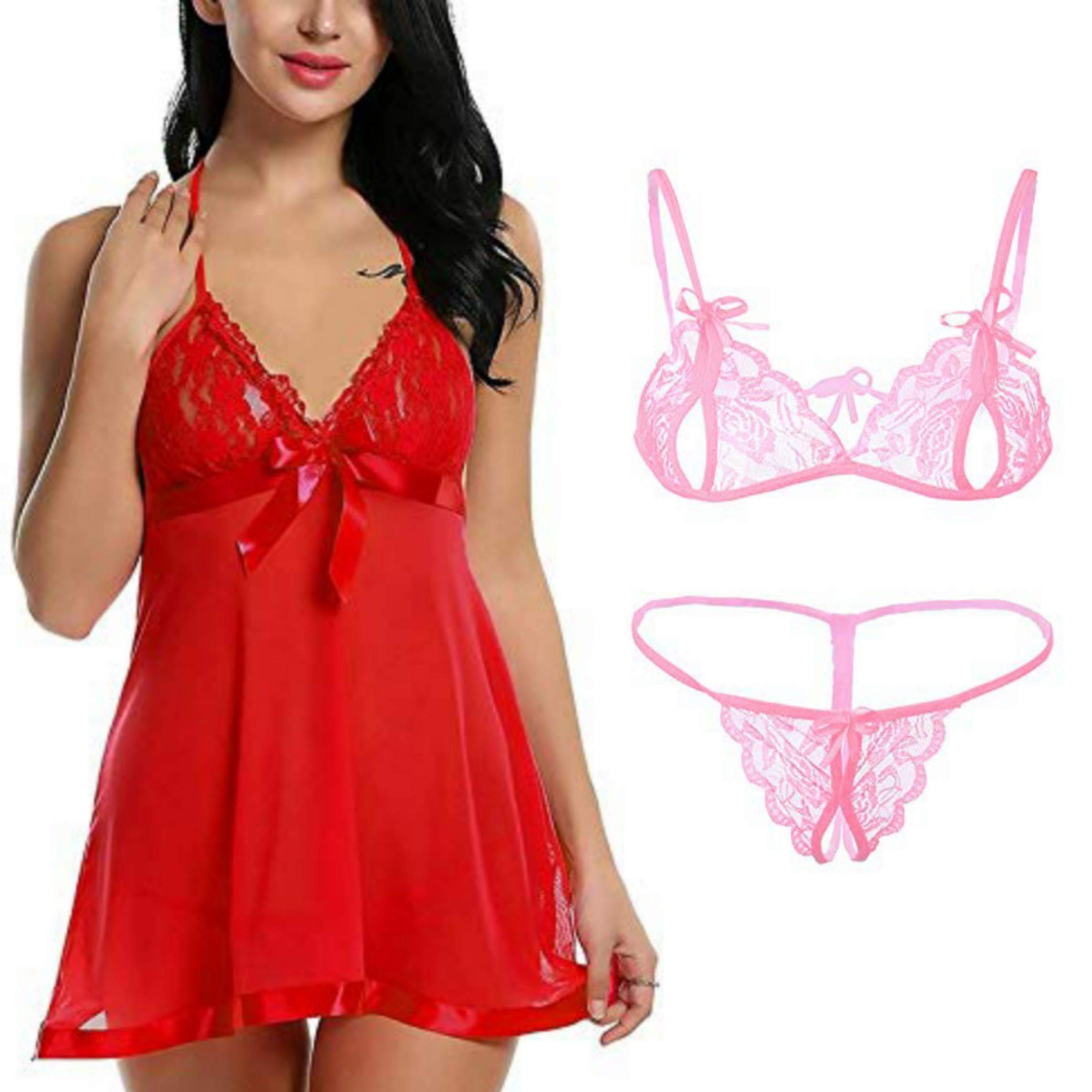 flute Multi Pack Women's Net Above knee Babydoll Nightwear Lace Bra Panty Lingerie Set / Nighty for Special Nights/ Sleepwear hot and sexy honeymoon & Anniversary dress/ sexy dresses for girls- Free Size-picture-16