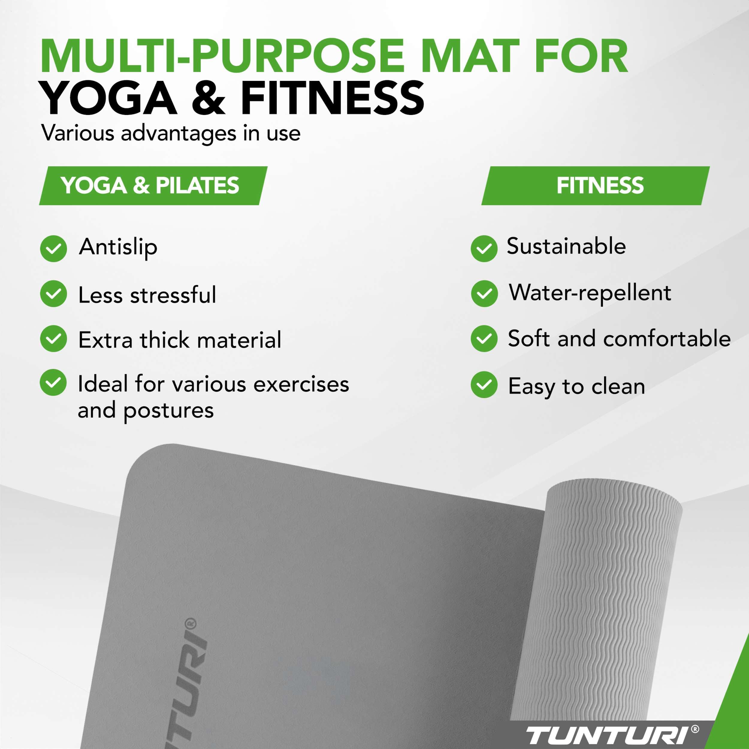Tunturi Tappetino da yoga spesso 8 mm, antiscivolo, con tracolla, per yoga e pilates, tappetino sportivo, 183 x 61 x 0,8 cm, particolarmente confortevole