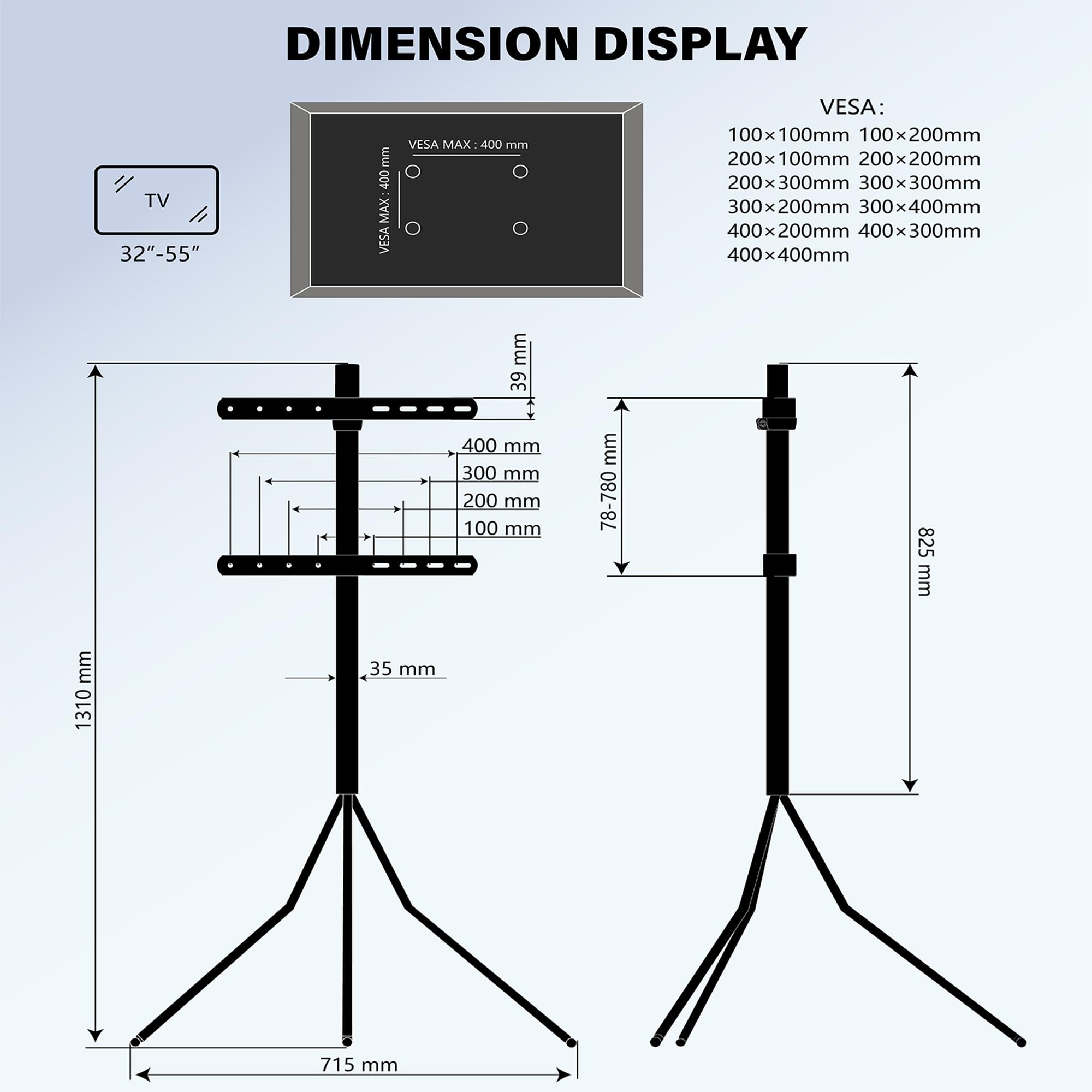 Tripod 400 TV Ständer Bodenständer Schwarz für 32–55 Zoll – Fernseher Ständer mit 360° Rotation, VESA bis 400x400 mm, 30 kg Traglast, mobiler TV Halterung & Ständer