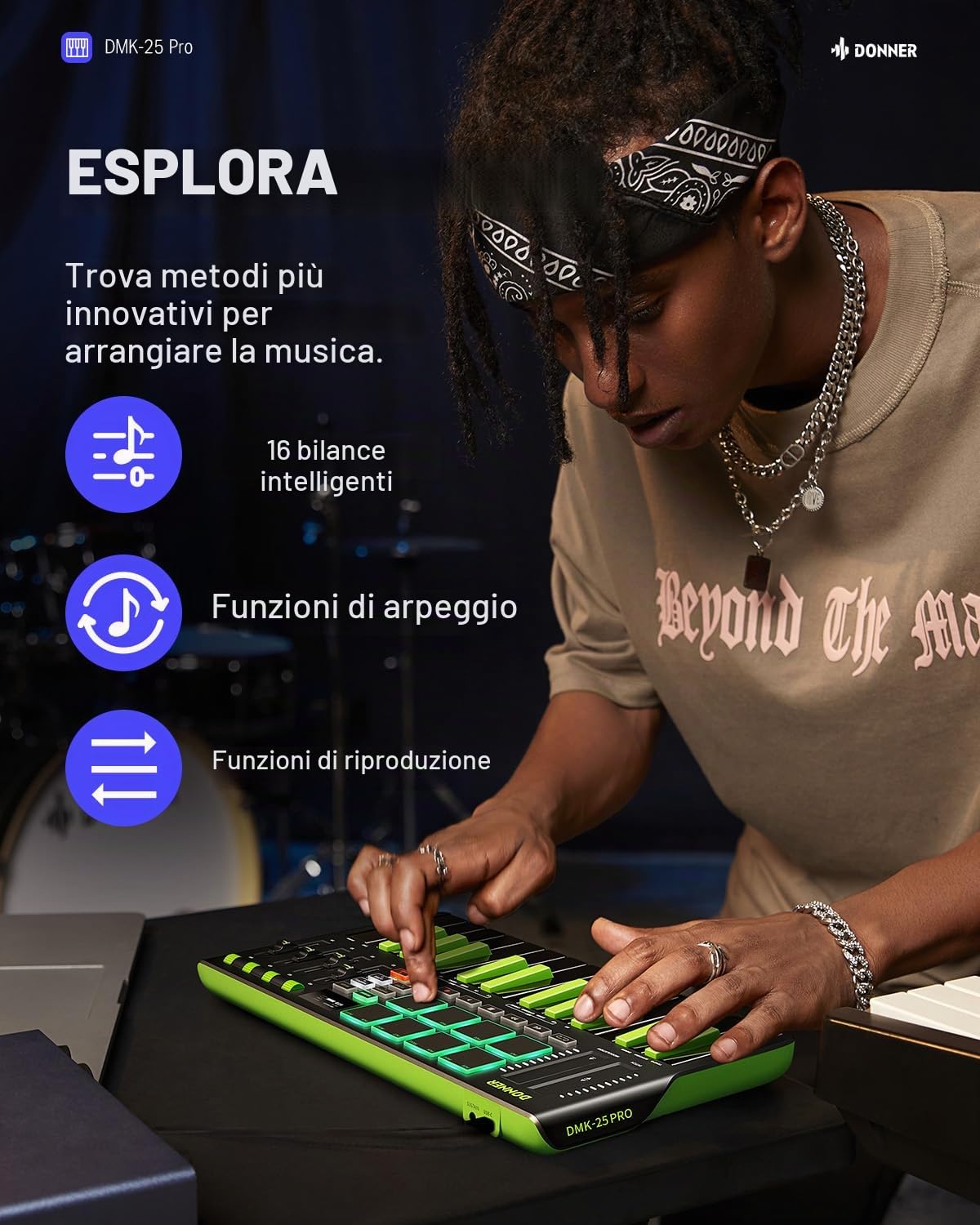 Donner DMK25 Pro - Controller MIDI per tastiera, 25 mini tasti, controller MIDI USB-C portatile con 8 drum pad, display OLED, touch bar personalizzato, software di produzione musicale e 40 corsi di