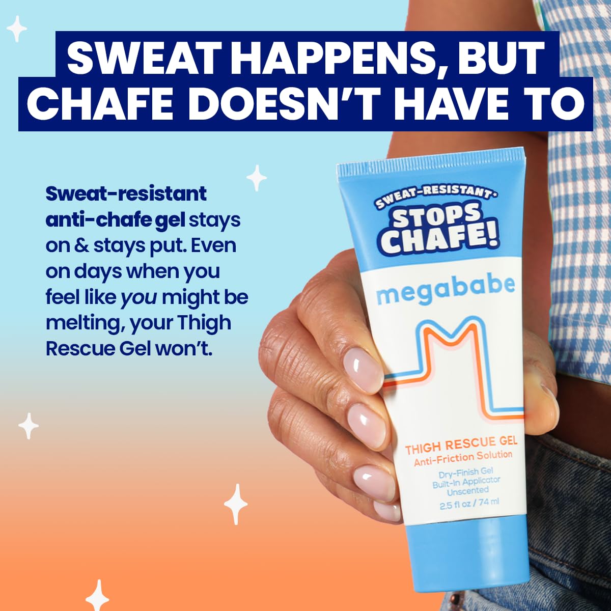 Megababe Thigh Rescue Gel | Clear Anti-Friction Barrier for Chafing | Sweat-Resistant | No-Mess Applicator | Thighs, Bra-Lines & More | 2.5 fl oz - 5