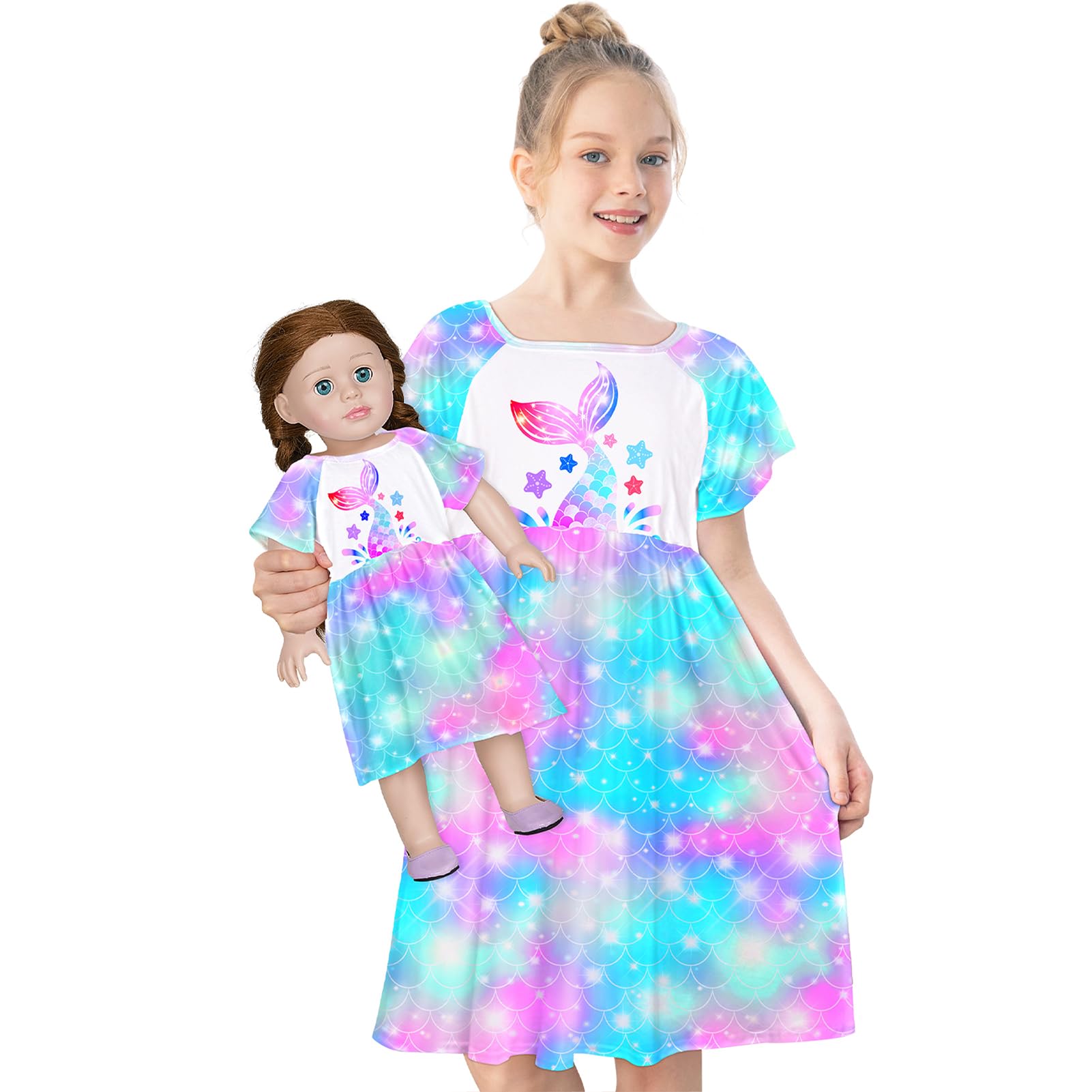 Play Tailor Doll & Girl Matching Nightgown for 18" Doll Clothes Accessories | Doll Not Included, Doll Clothes for 18 Inch Dolls, Birthday Christmas Gift, Soft Breathable Stretch Fabric, Knee Length Blue Purple Fancy 4-5T