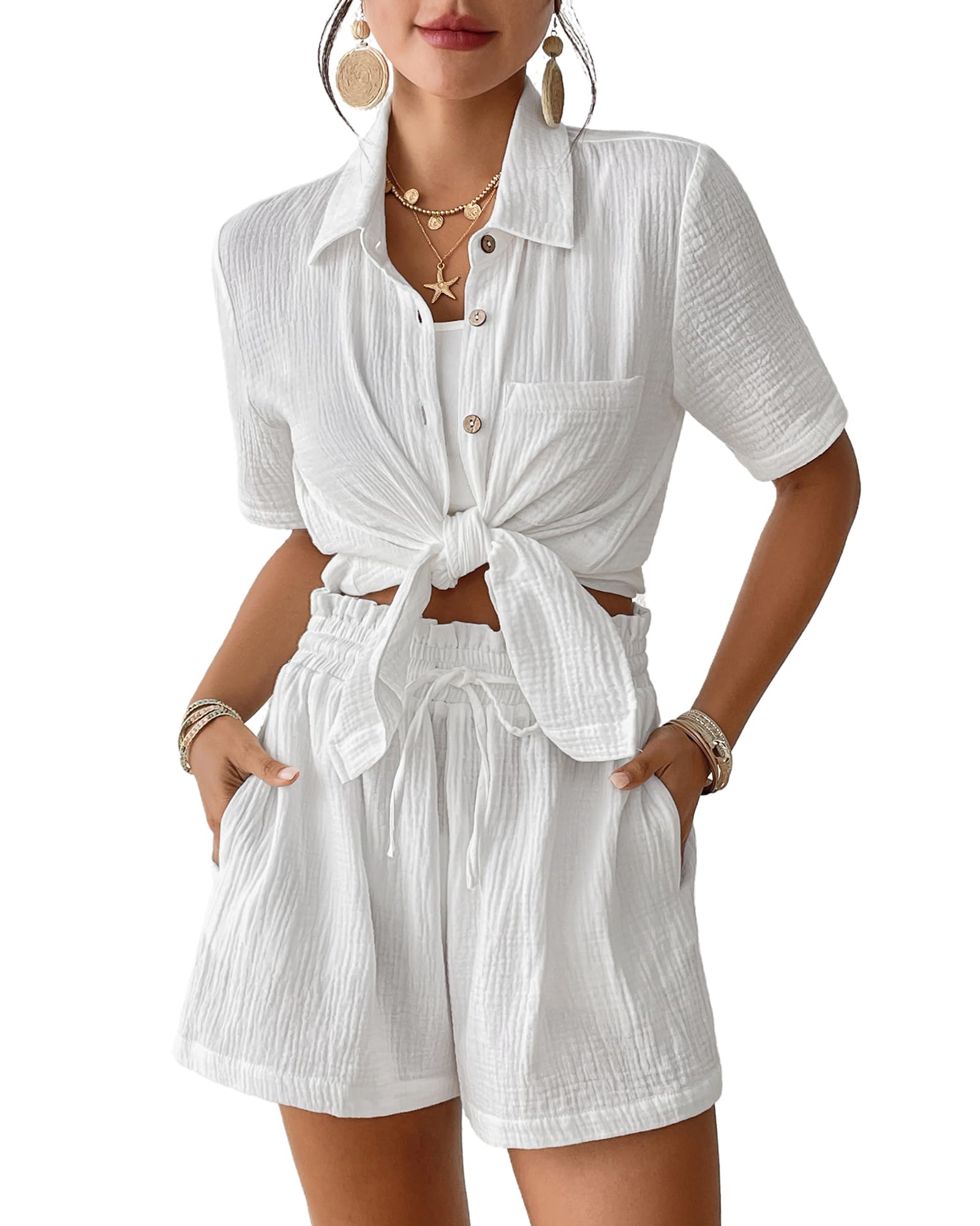 Bsubseach Womens 2 Piece Cover Ups Set Cotton Beach Short Sets Short Sleeve Button Down Shirt Shorts Resort