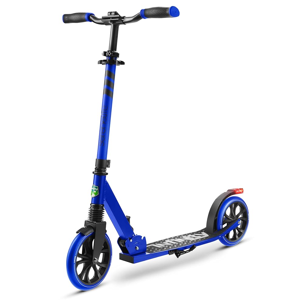 Folding Kick Scooter for Adults and Kids - Boys and Girls Freestyle Scooter with Big Wheels, 1-Kick Open Mechanism, Anti-Slip Rubber Deck and LED Light - Folding Grips Handlebar Adjusts to 3 Heights