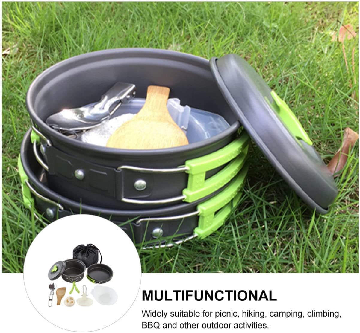 1set Outdoor Camping Cookware Portable Person Cooking Utensils Handles Lightweight for Hiking Picnics and Outdoor Adventures Accessories Included