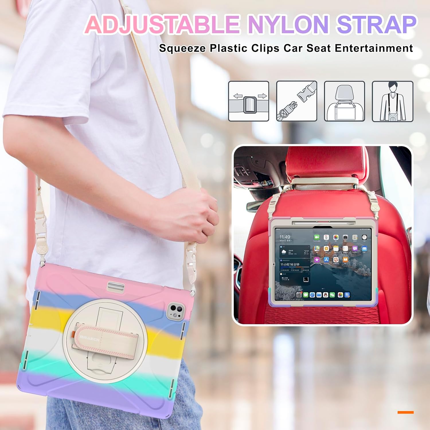 BRAECN for iPad Pro 13 Inch M5/M4 Case 2025/2024 with Pencil Holder 360 Degree Rotating Hand Strap and Stand Shockproof Cover for iPad Pro13 7th Gen M5/M4 with Adjustable Shoulder Straps