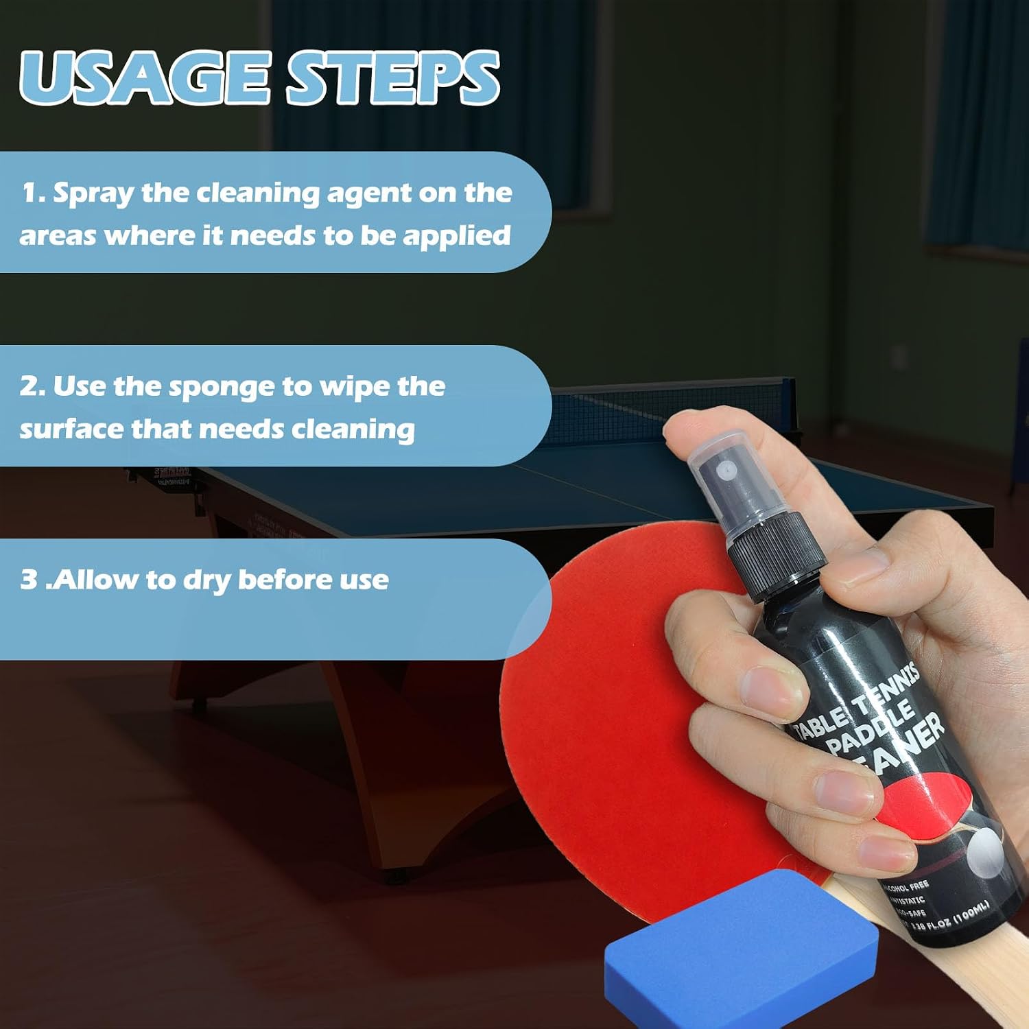 200ml Table Tennis Paddle Cleaner Spray and Table Tennis Rubber Cleaner Sponge - Strips Impacted Residue and Increases Spin and Control - Transparent