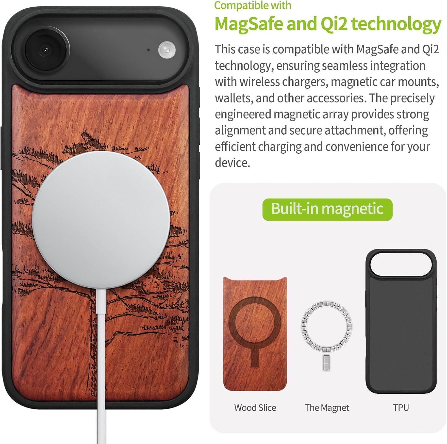 Carveit Magnetic Wooden Case for iPhone Air Case, Wood Artisan Engraved & Soft TPU Shockproof Cover, Compatible with MagSafe 17 Air Wireless Chargers (Vintage Pine Tree Sketch) Rosy