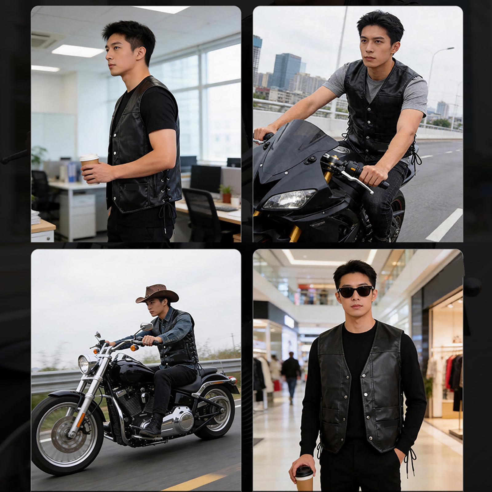 ARMAAN Gilet Da Uomo In Similpelle Nera, Senza Maniche, Stile Biker, Con Lacci Laterali Regolabili E Tasche, Gilet Effetto Pelle Con Scollo A V, Stile Motociclista